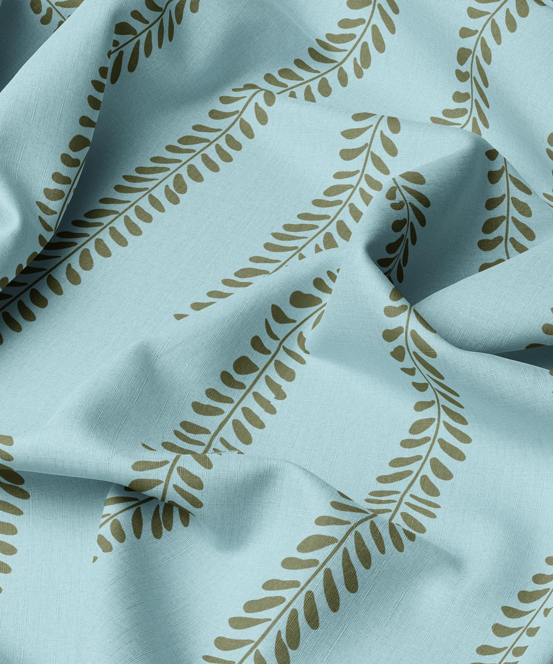 Pale blue and green leaf striped fabric