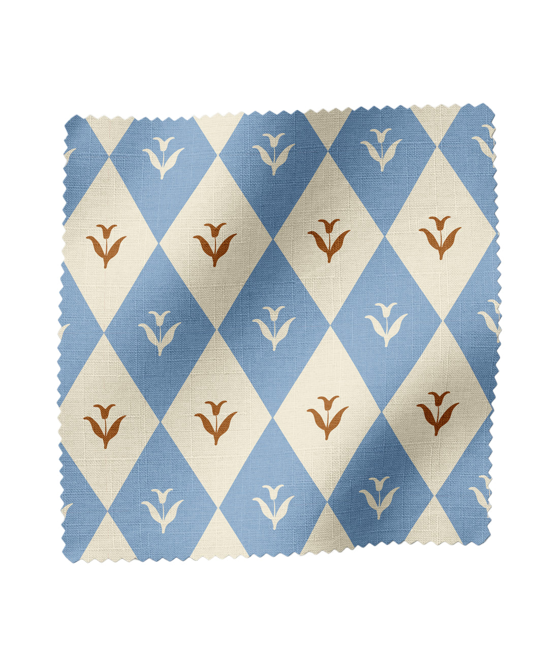 Floral, diamond patterned fabric in blue and brown