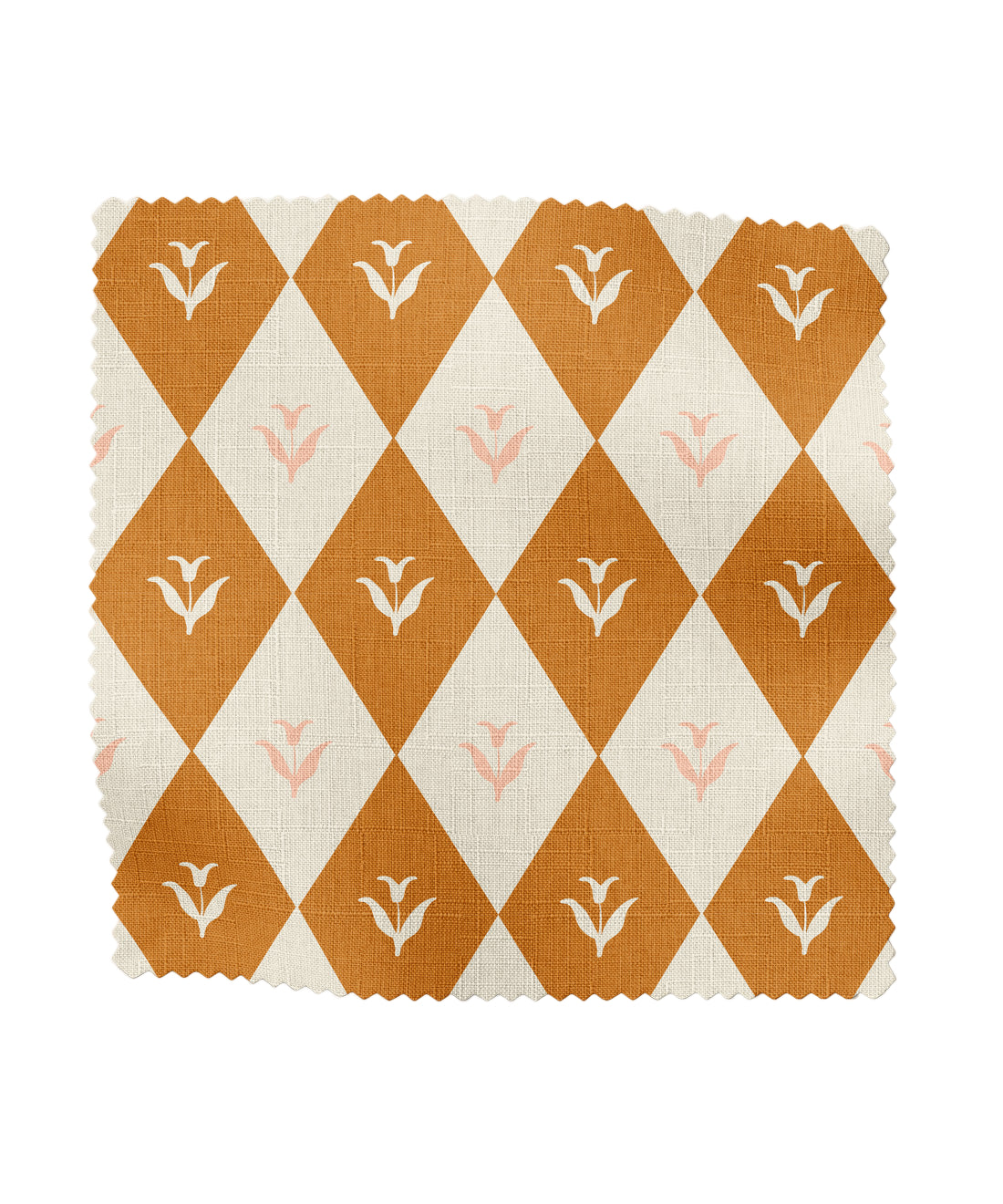 Fabric swatch with floral orange and white diamond pattern on a white background