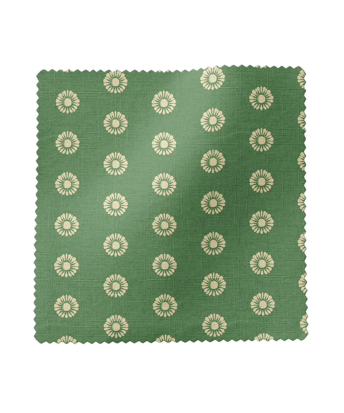 Green fabric swatch with beige floral pattern