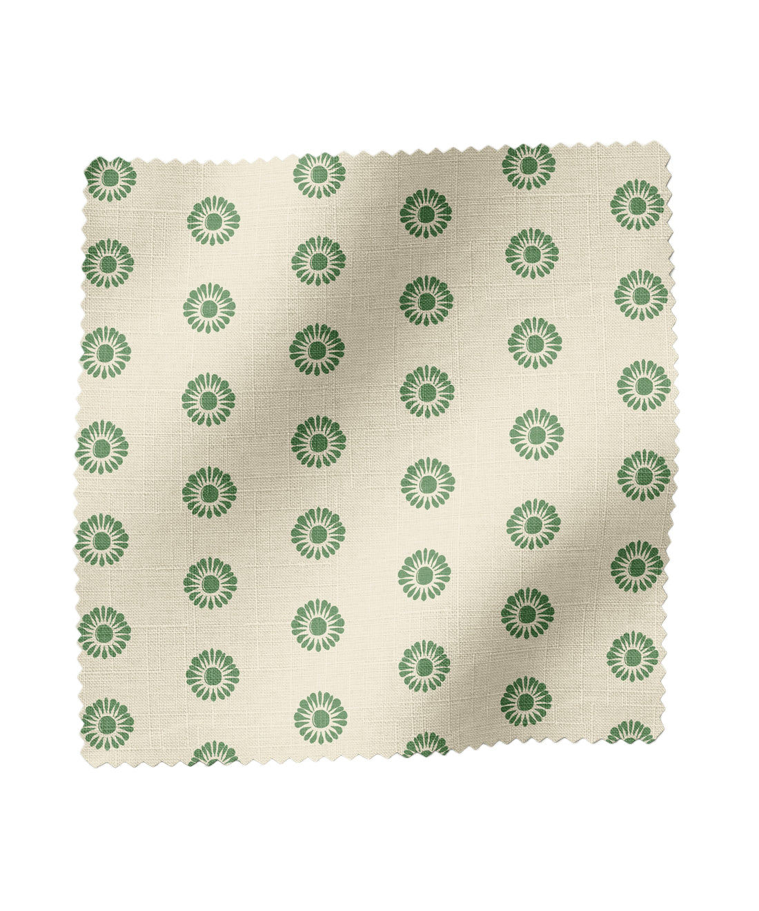 Fabric swatch with green floral pattern on a beige background