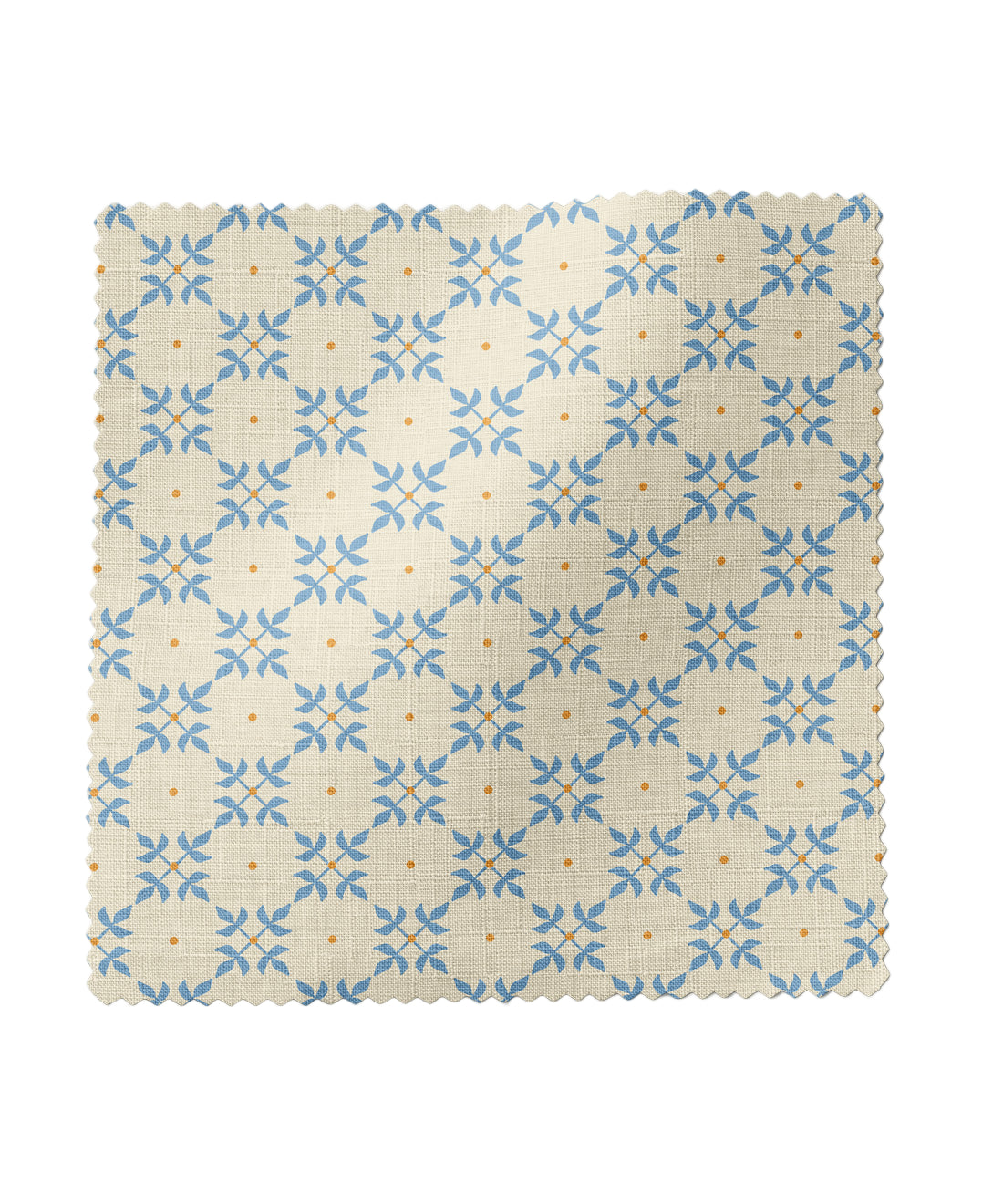 Geometric patterned fabric in blue and orange by Gray Benko Home