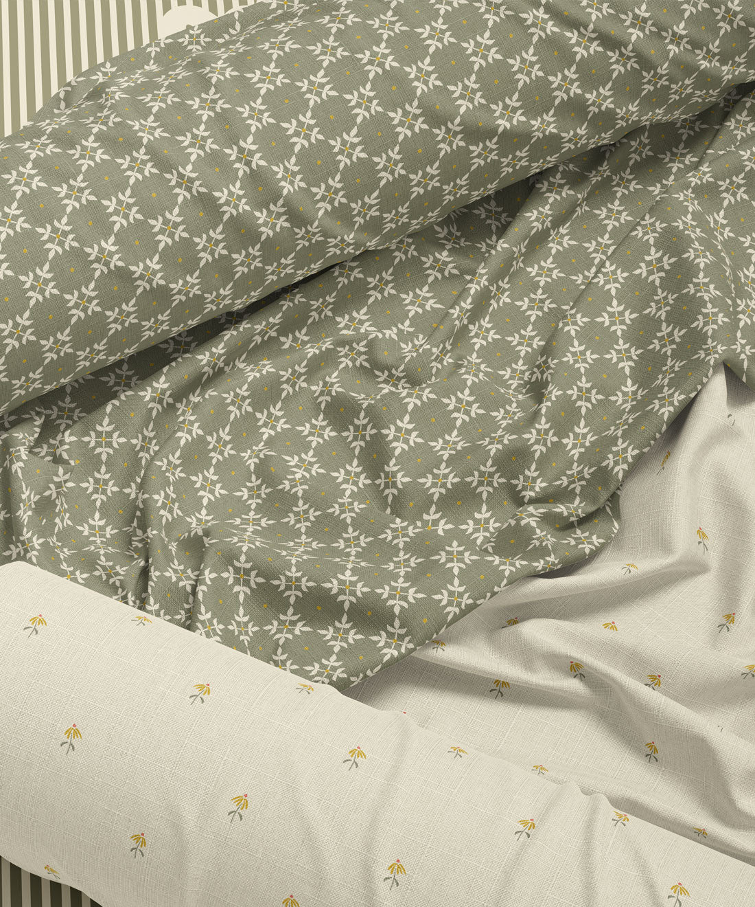 Geometric patterned fabric in green and yellow by Gray Benko Home