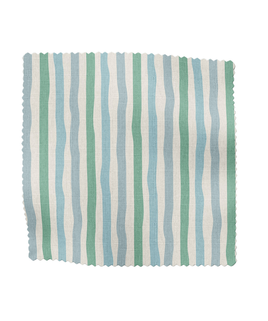 Striped fabric sample with green, blue, and white stripes on a white background