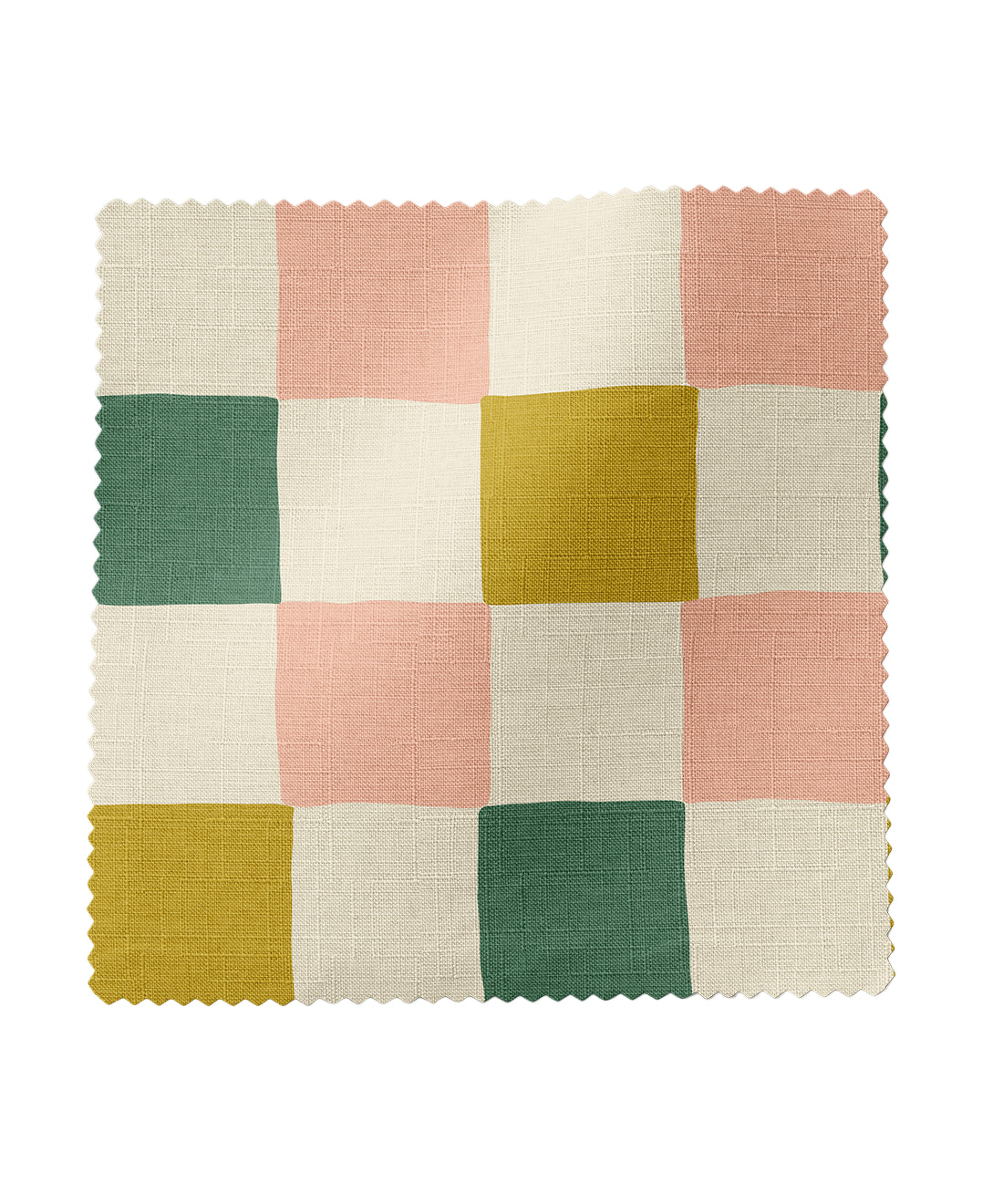 Checkered fabric swatch with a pattern of green, yellow, and pink squares on a white background