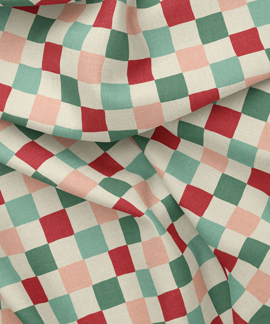 Checkered fabric with red, green, and pink squares by Gray Benko Home