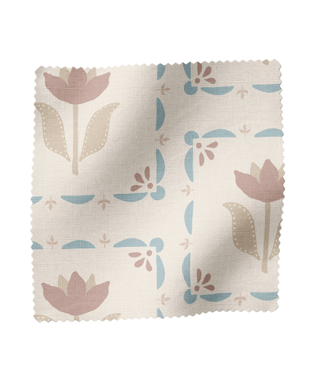 blue and taupe fabric with floral pattern on a white background