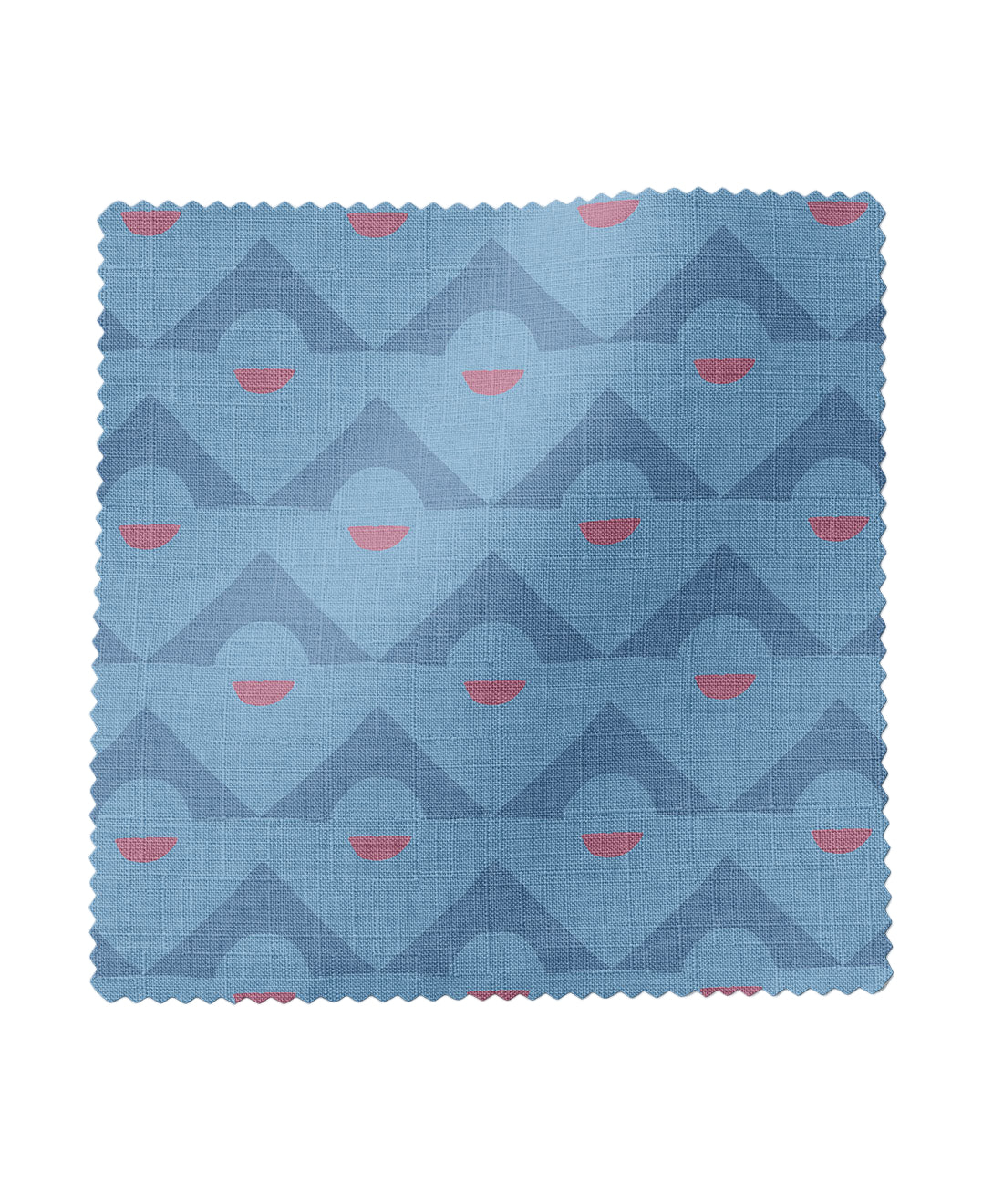 Blue fabric swatch with geometric pattern on a white background