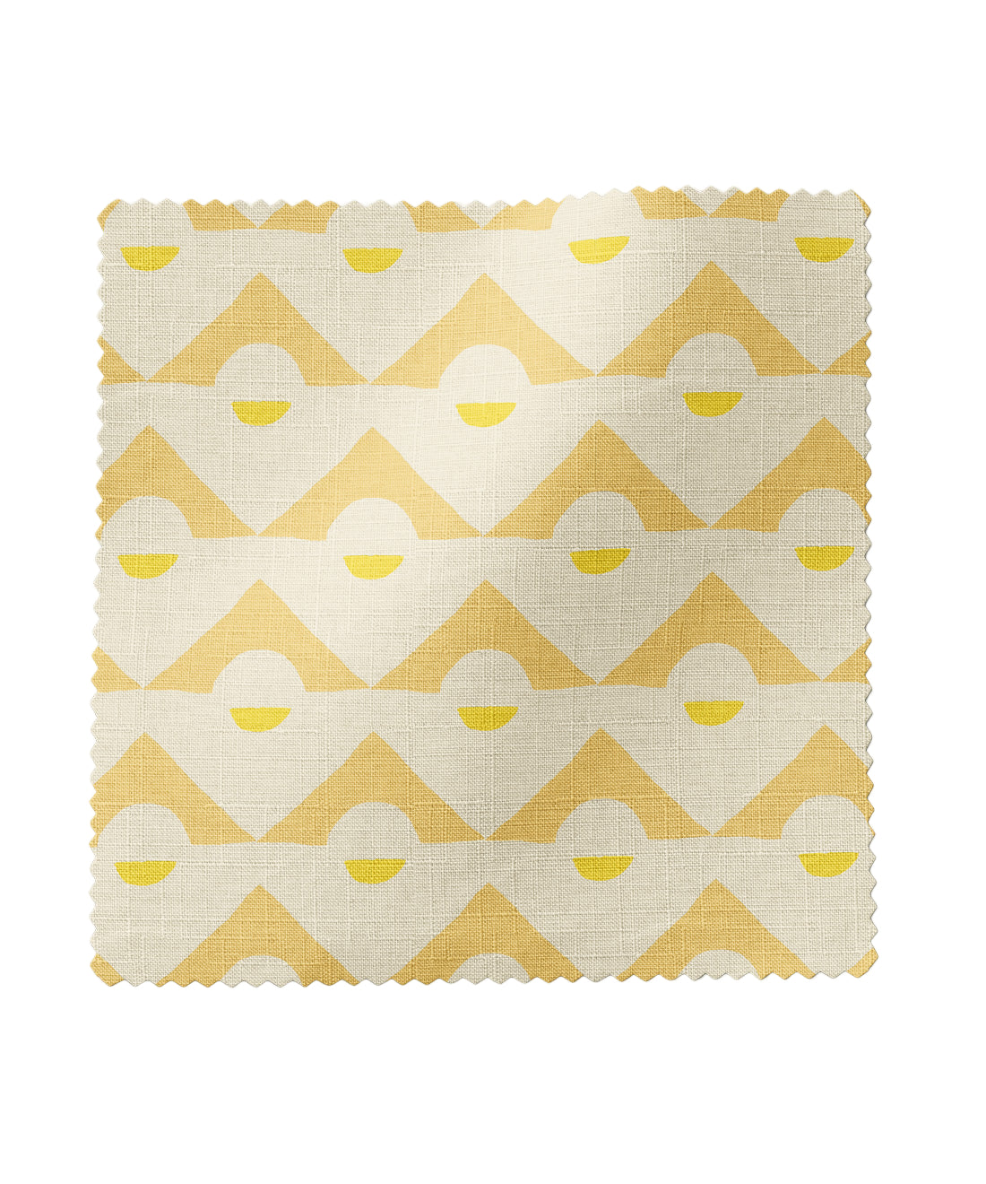 Fabric swatch with yellow and white geometric pattern on a white background