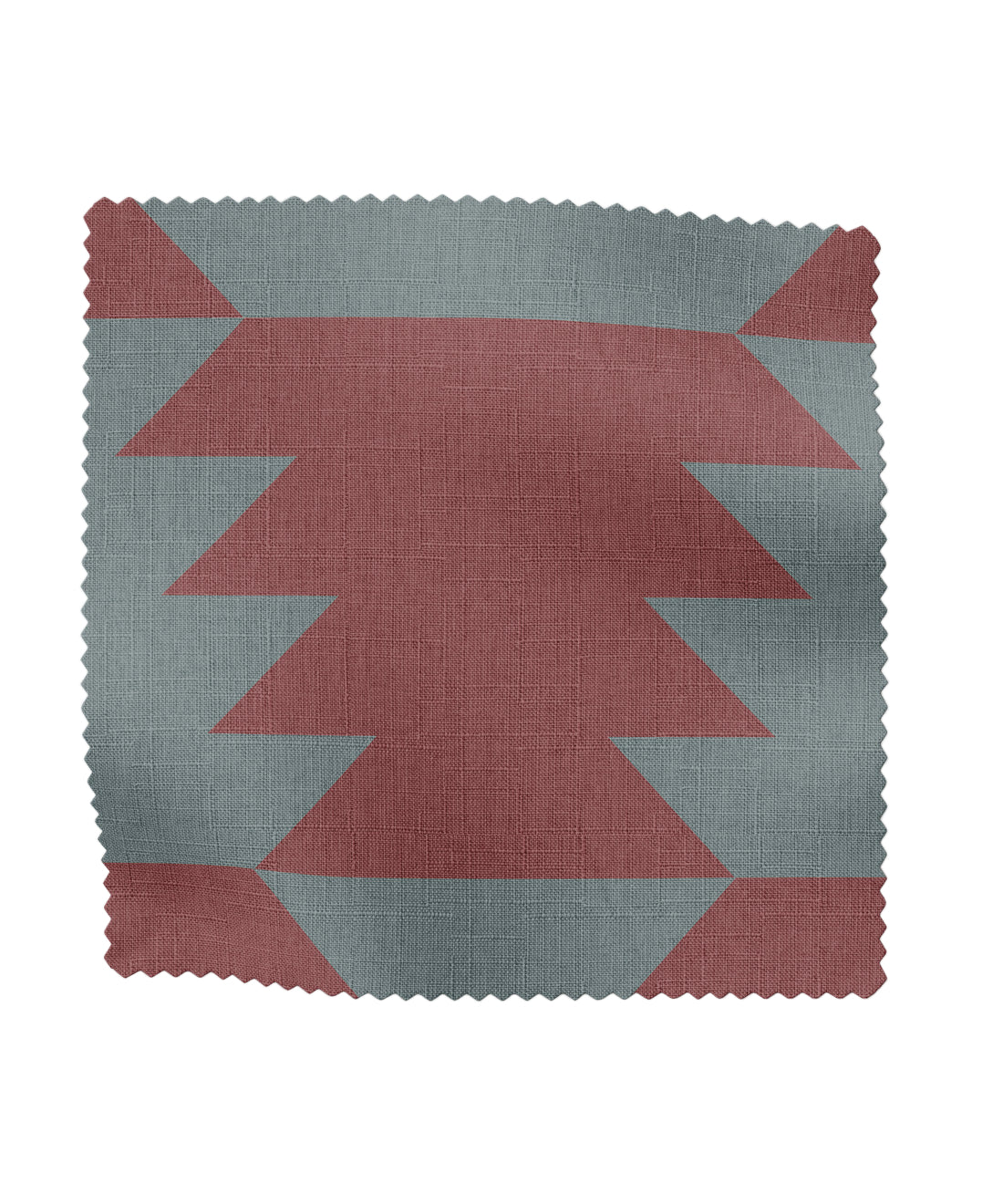 Fabric swatch with geometric pattern in burgundy and blue on a white background