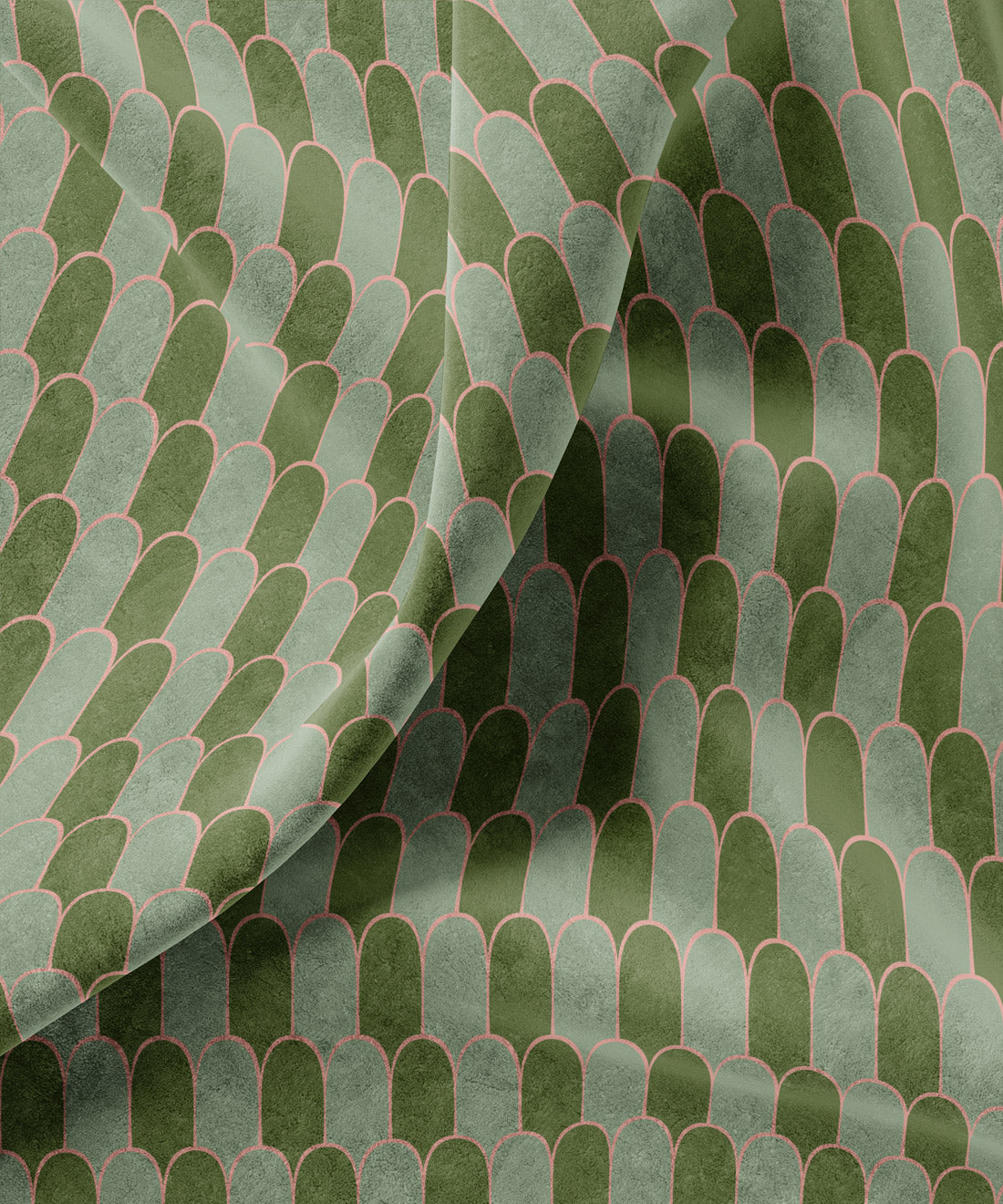 Green fabric with a scalloped pattern by Gray Benko Home