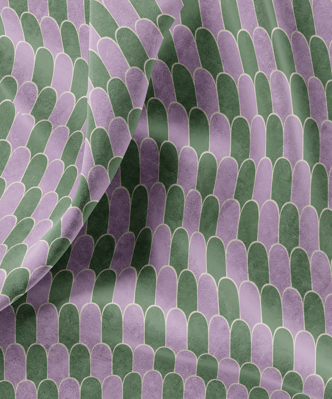 Patterned fabric with alternating green and purple shapes