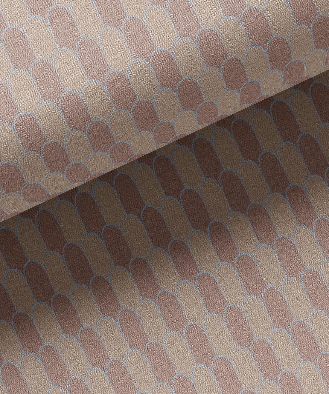 Close-up of a arched fabric in taupe and blue