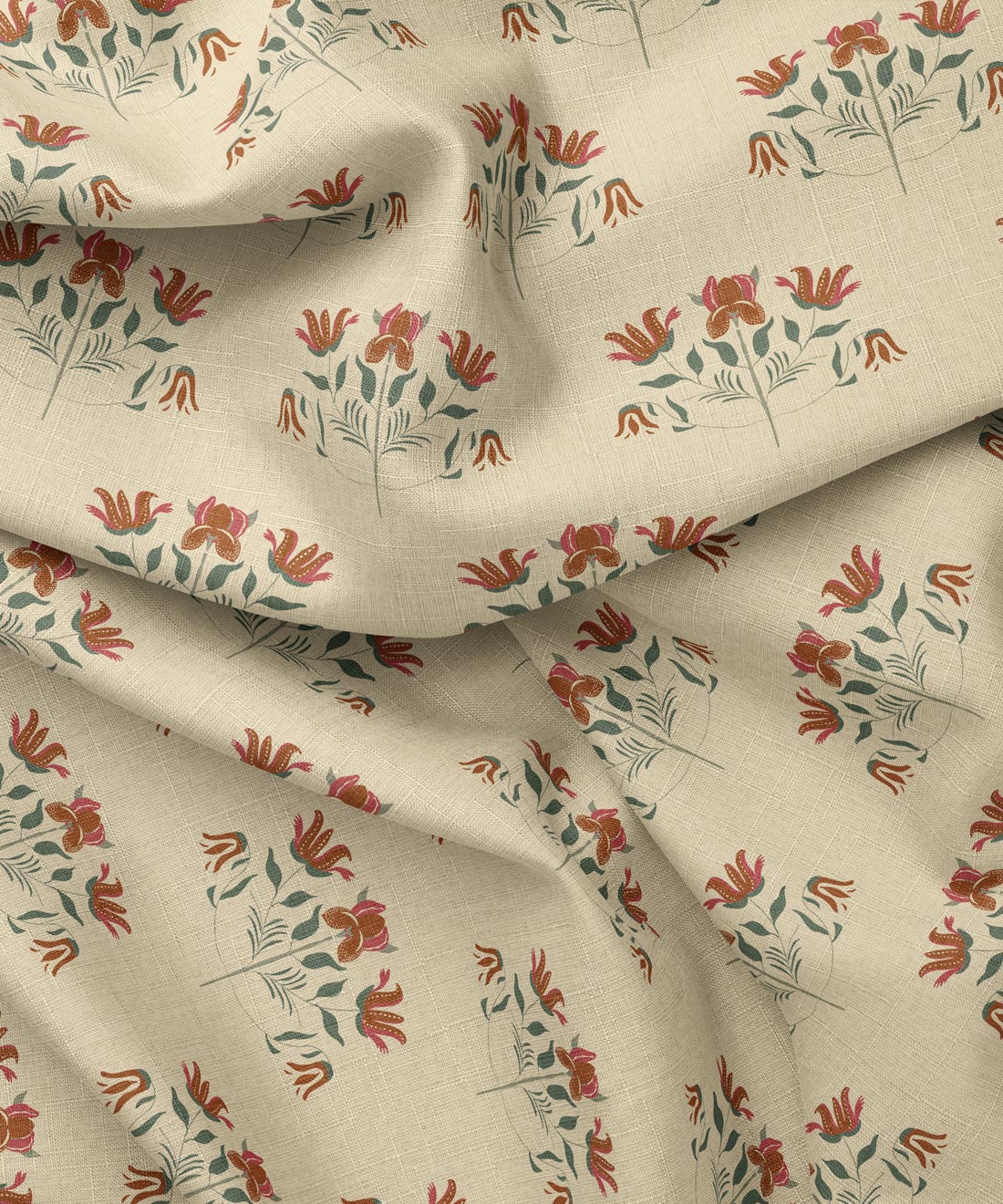 Floral patterned fabric in burnt orange and magenta by Gray Benko Home