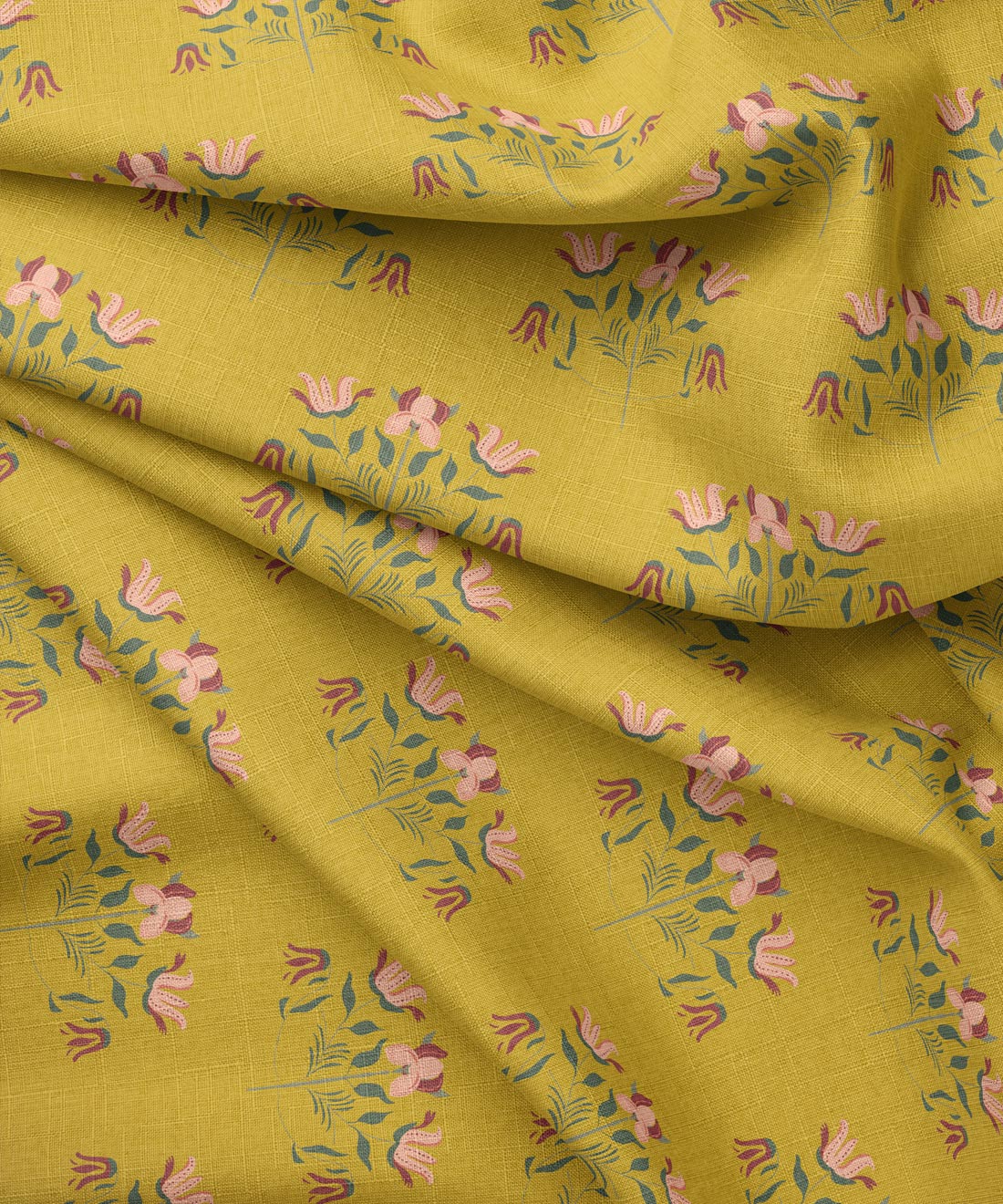 Fabric with floral pattern on a mustard yellow background by Gray Benko Home