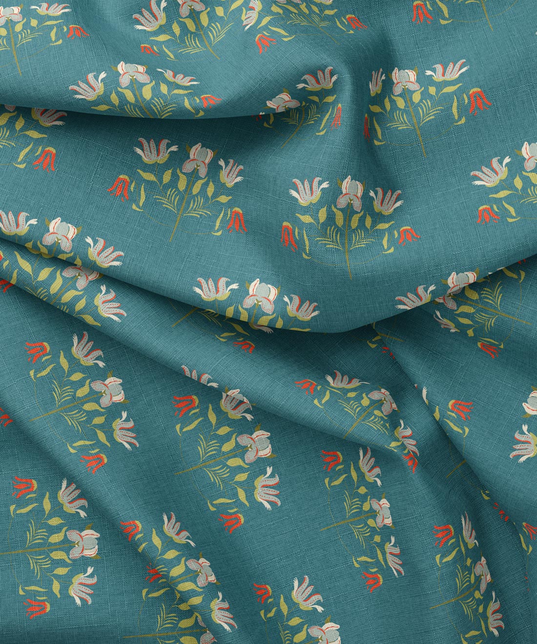 Fabric with floral pattern on a teal background by Gray Benko Home
