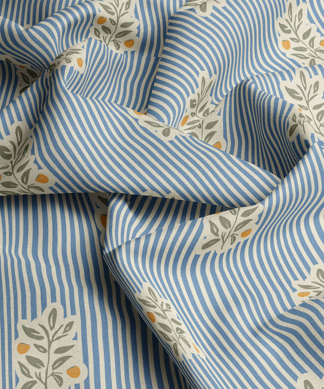 Blue and white striped fabric with floral patterns