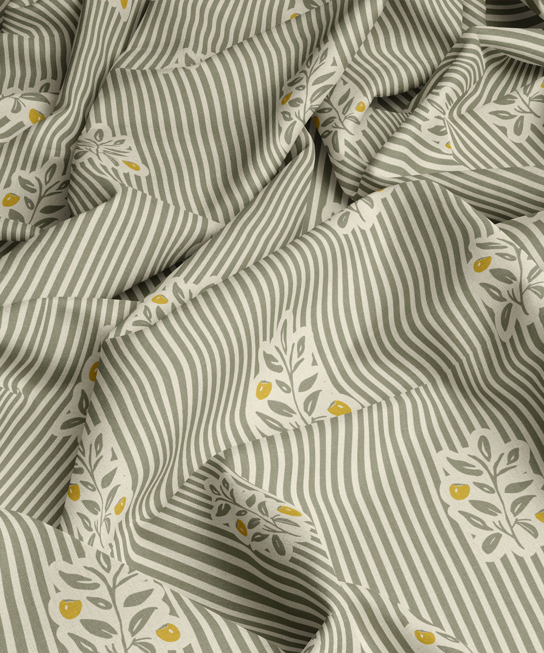 Fabric with green and white striped pattern featuring small floral designs.