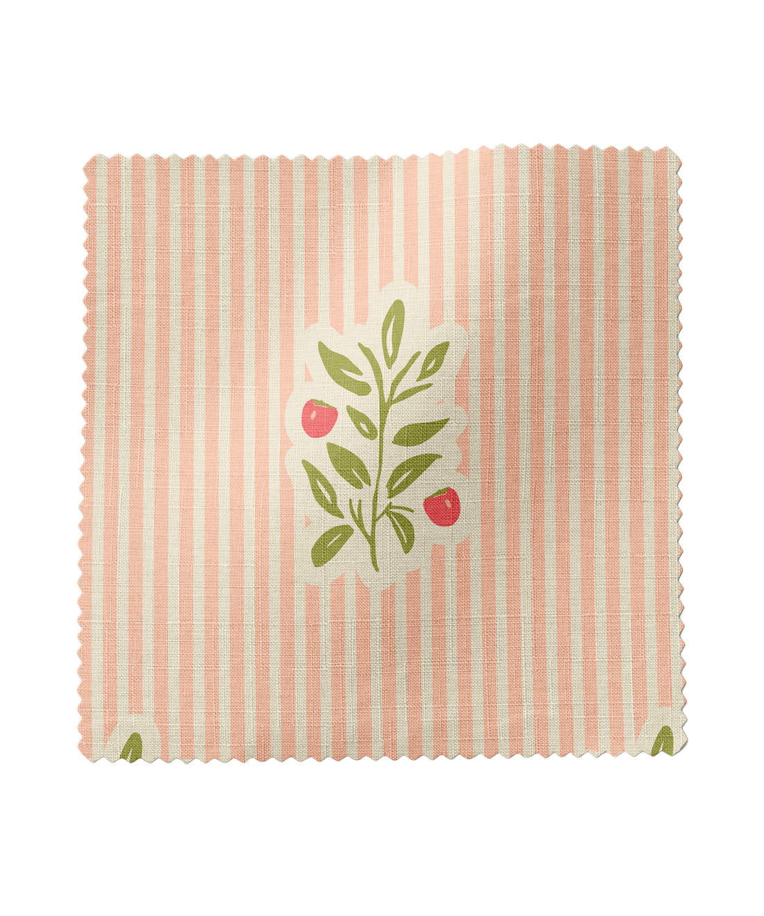 Textile sample with a floral design on a pink striped background