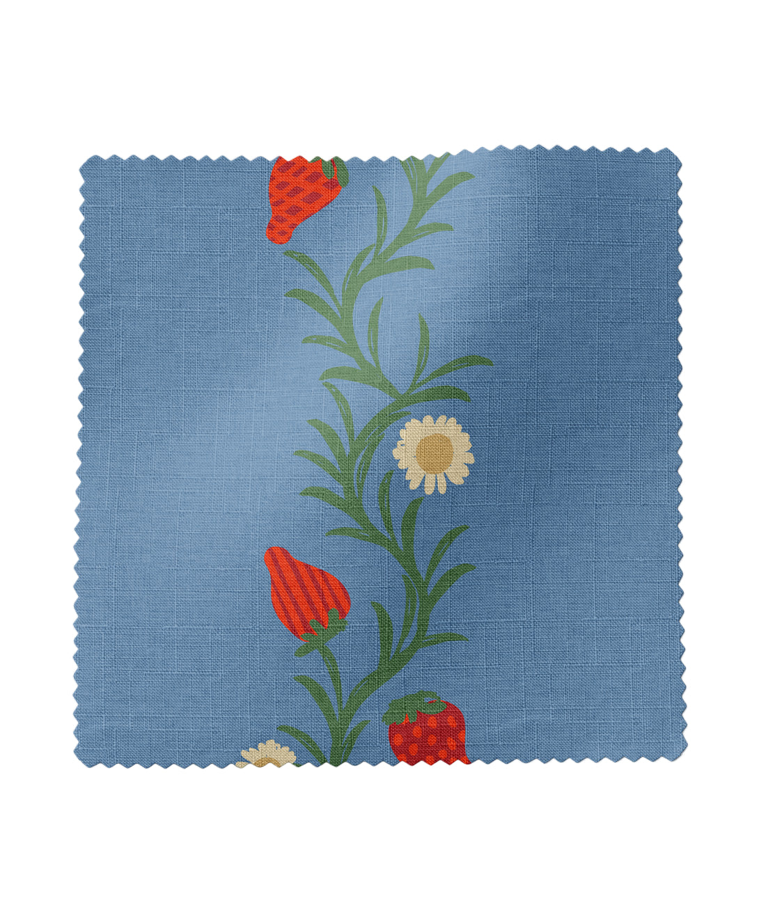fabric sample with a strawberry and floral design on a blue background