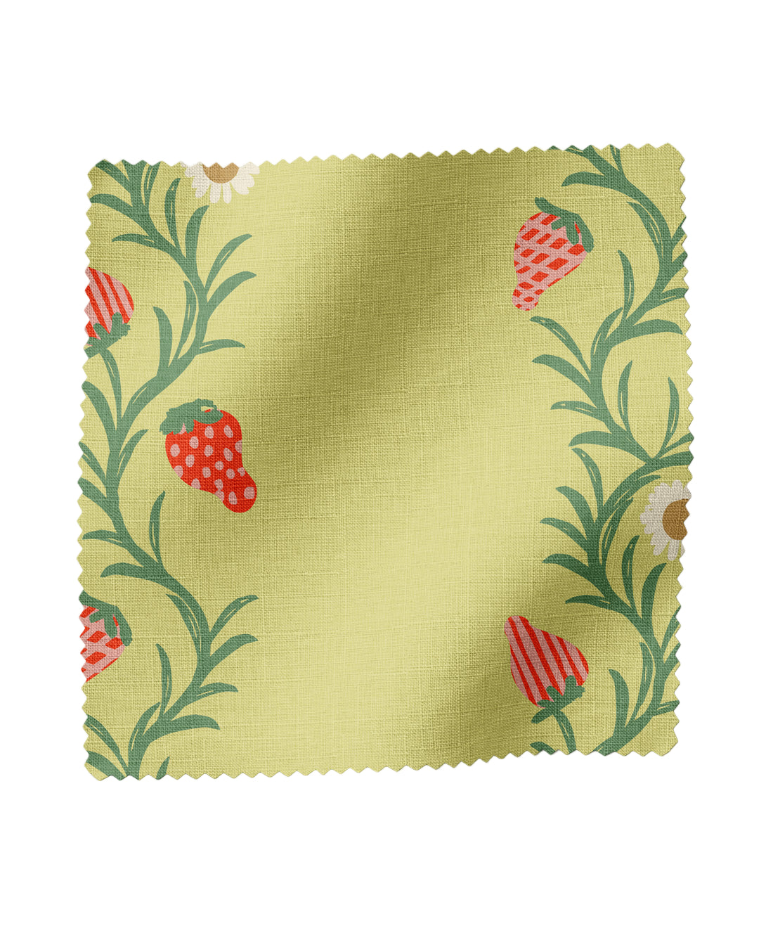 Strawberry patterned fabric in chartreuse and red.