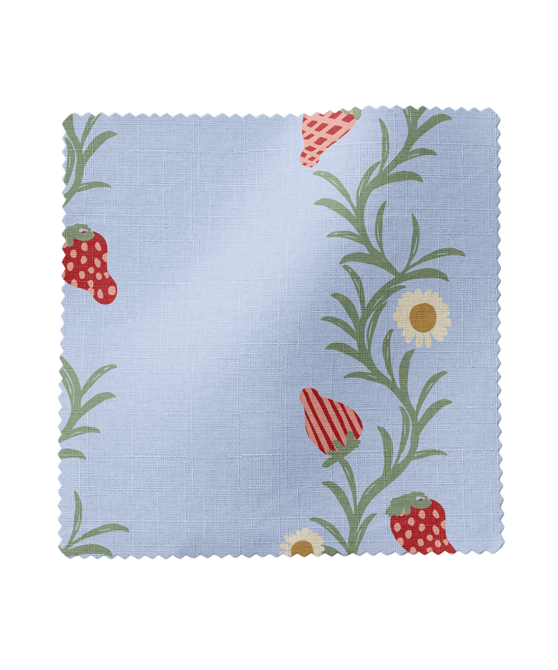 Strawberry patterned fabric in periwinkle and red