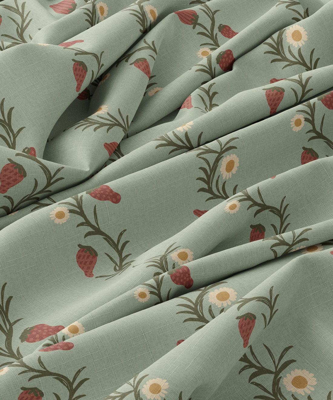 Fabric with strawberry and daisy pattern on a green background