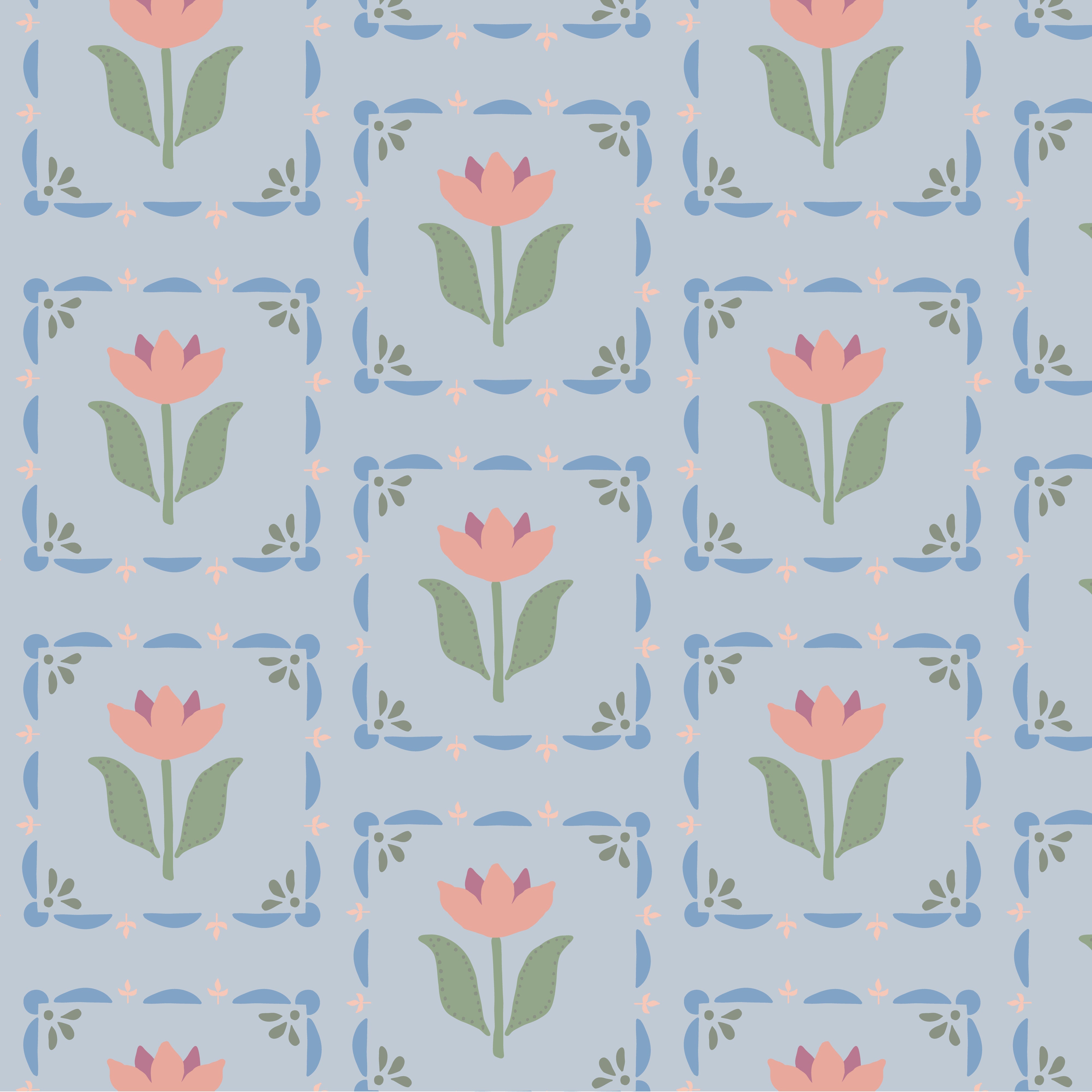 A section of wallpaper with a floral pattern featuring periwinkle and pink colors on a light blue background.