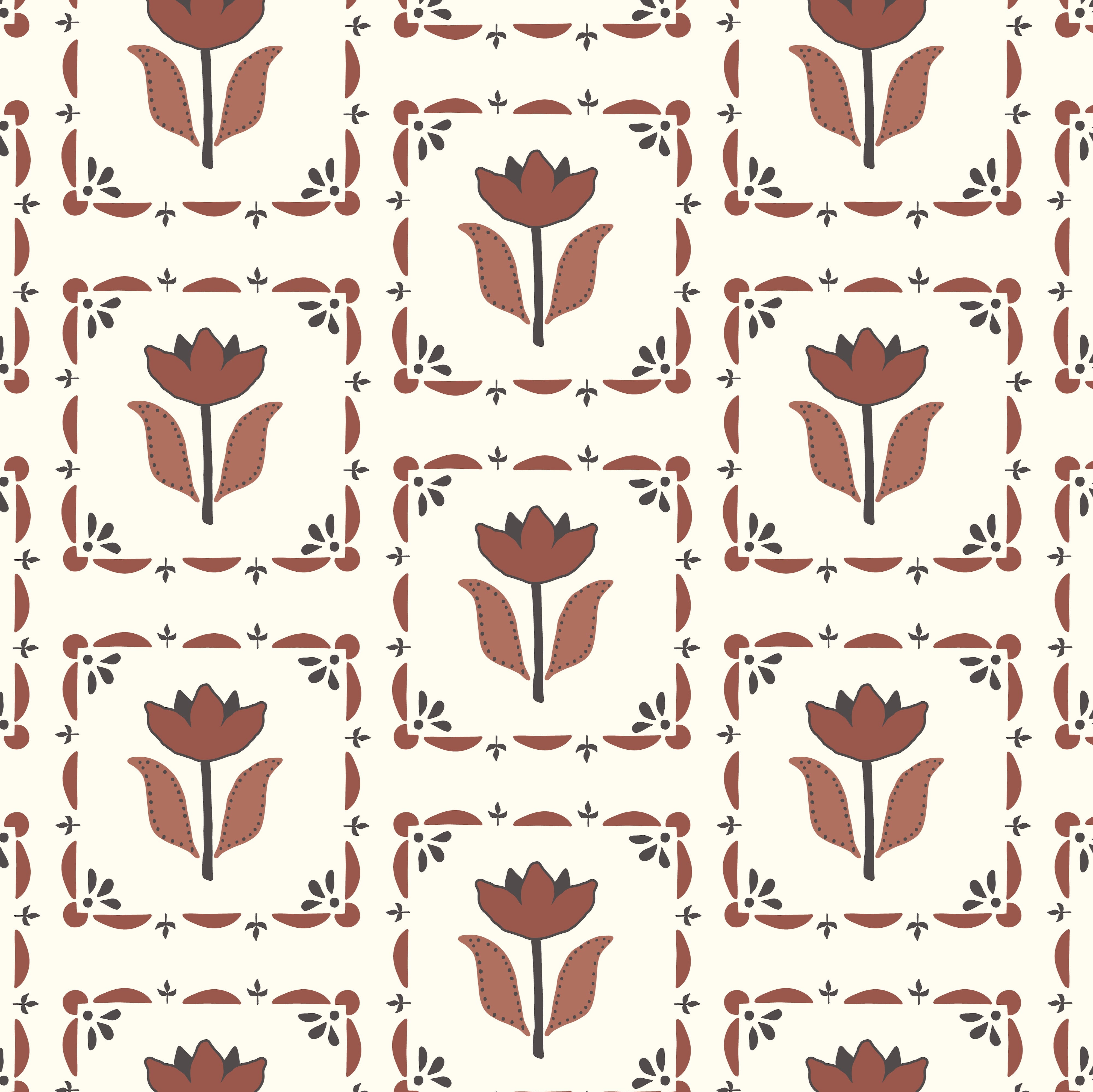 A piece of wallpaper with a repeating floral pattern in brown and black colors on a white background.