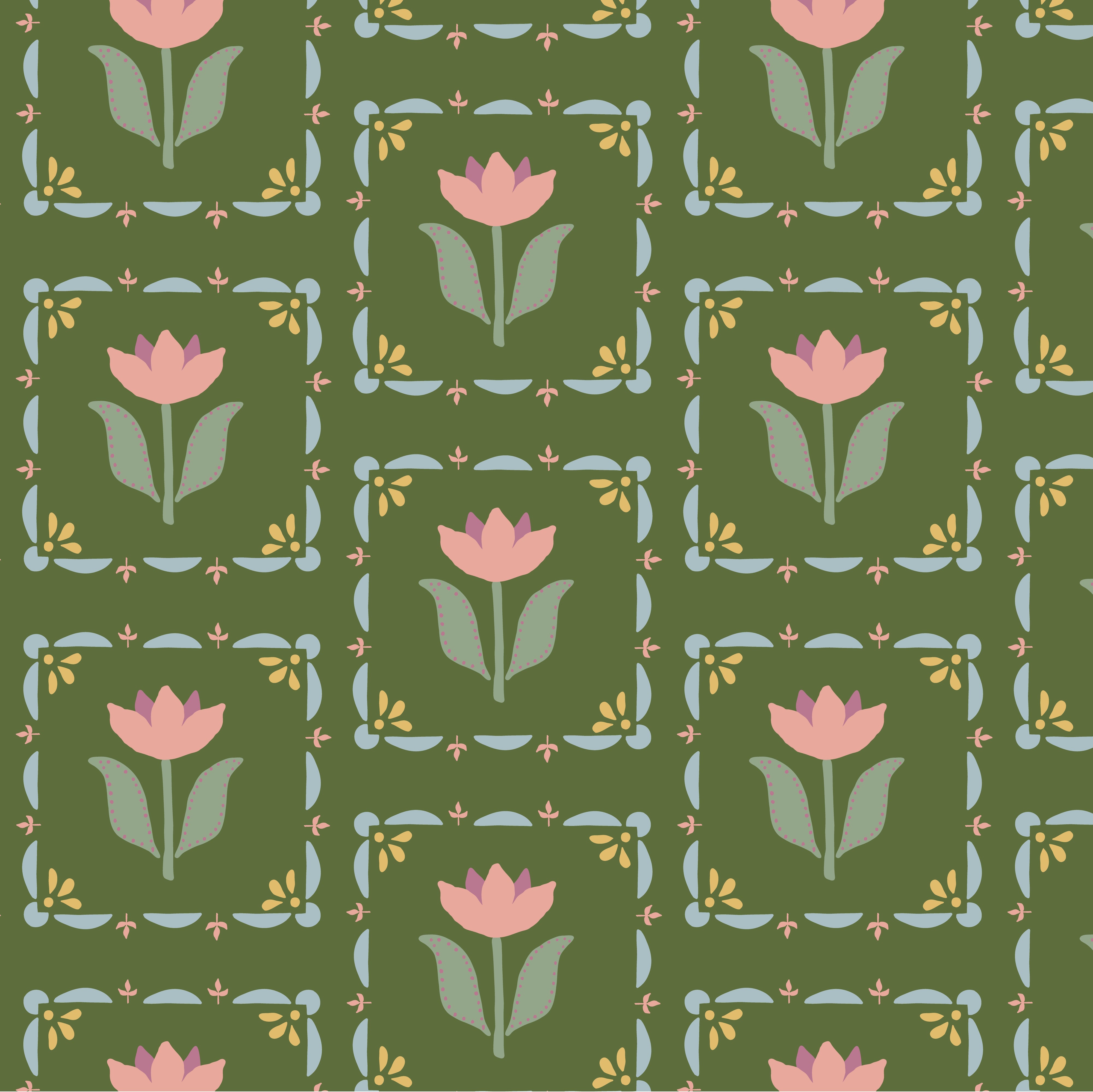 A roll of wallpaper with a green background and a repeating pattern of pink flowers and leaves.