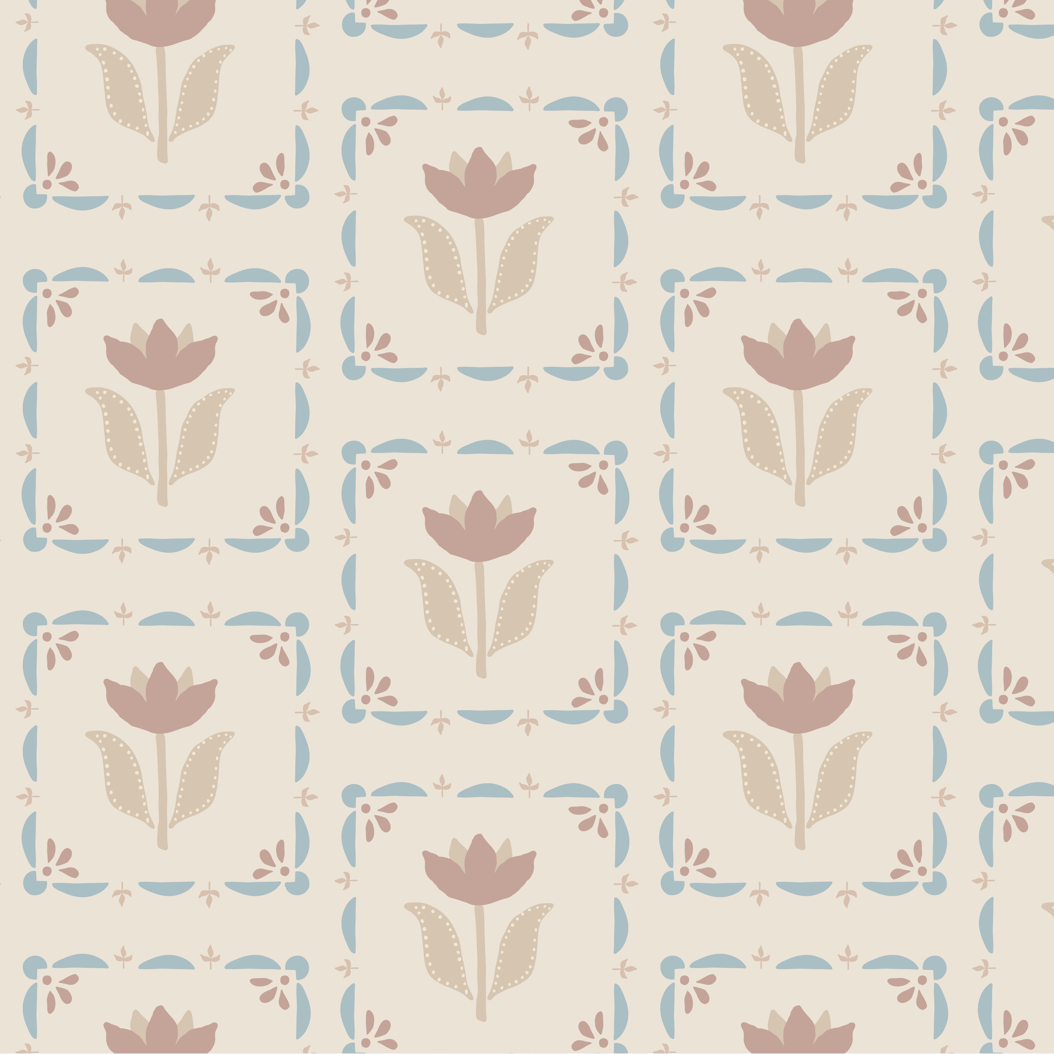 A wallpaper with a floral pattern in taupe and blue colors on a light background.