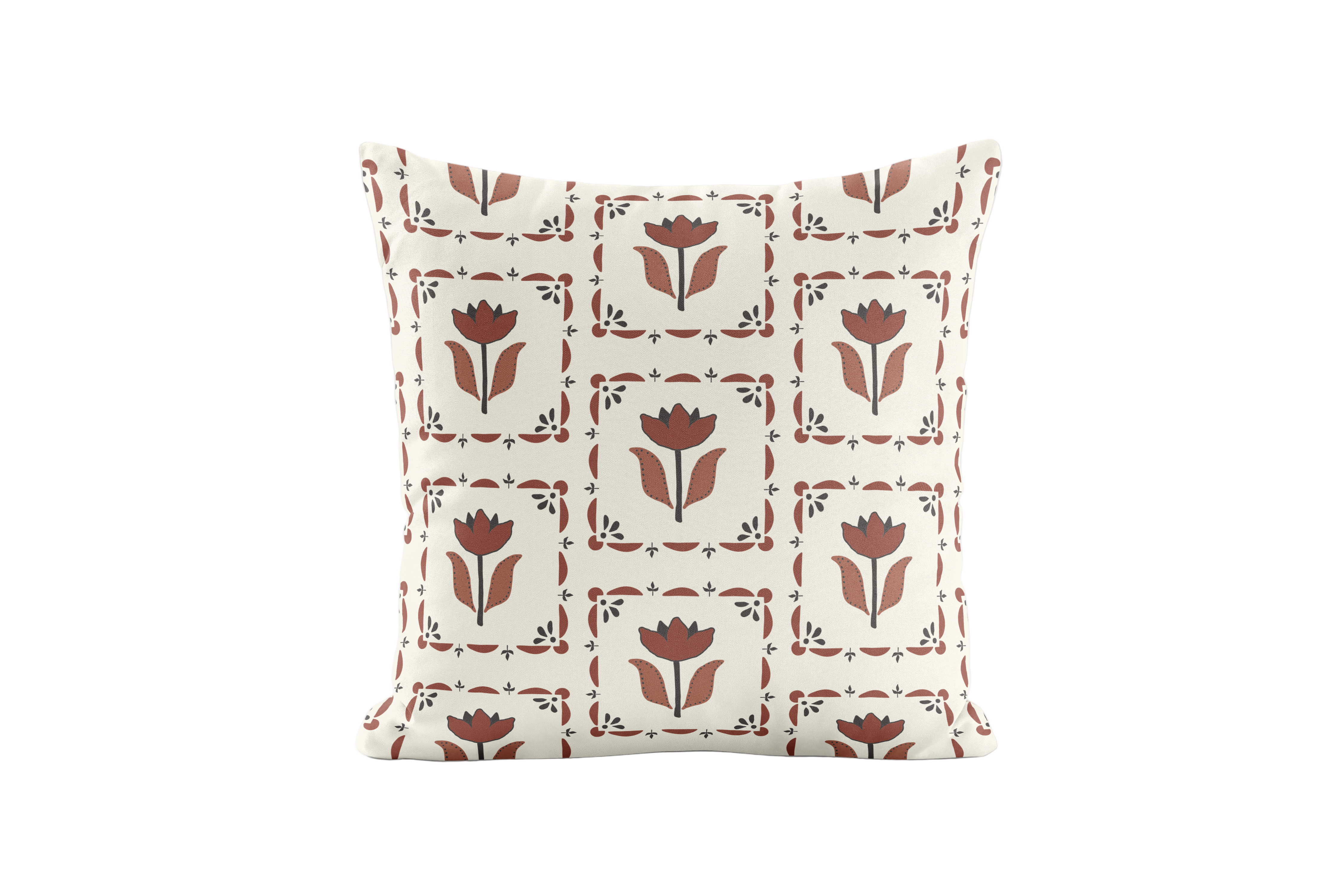 Decorative pillow with brown and black floral pattern on a white background