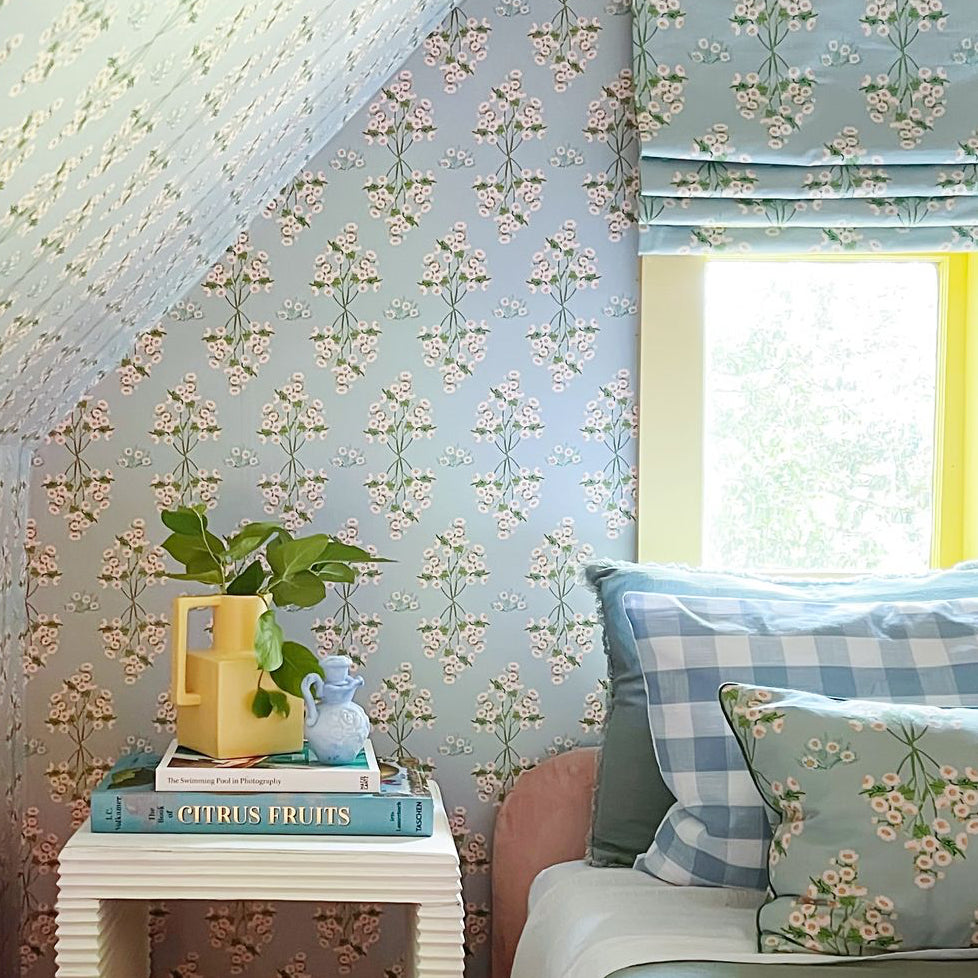 Blue Floral wallpaper in bedroom