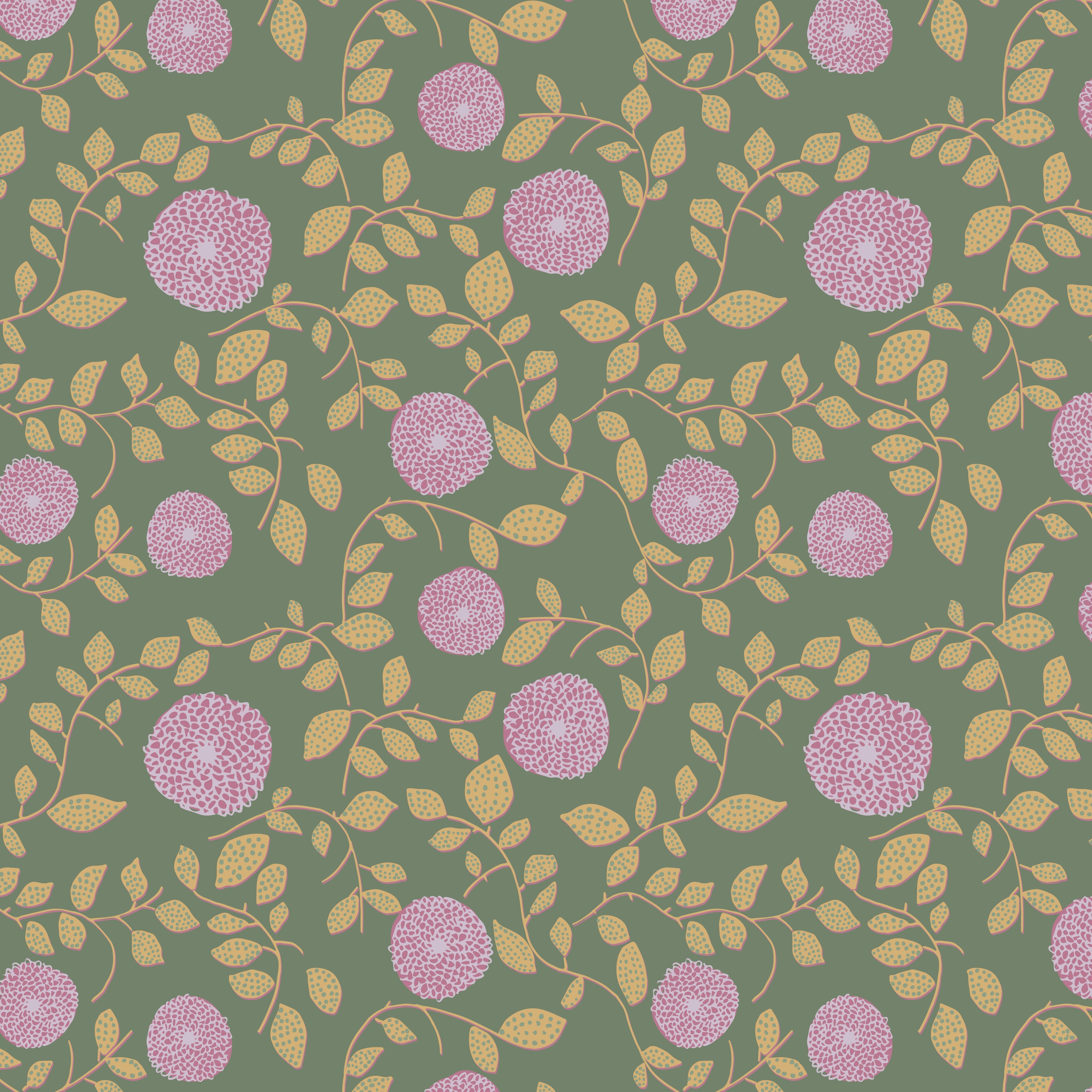 A roll of wallpaper with a floral pattern featuring lavender-colored flowers on a green background.
