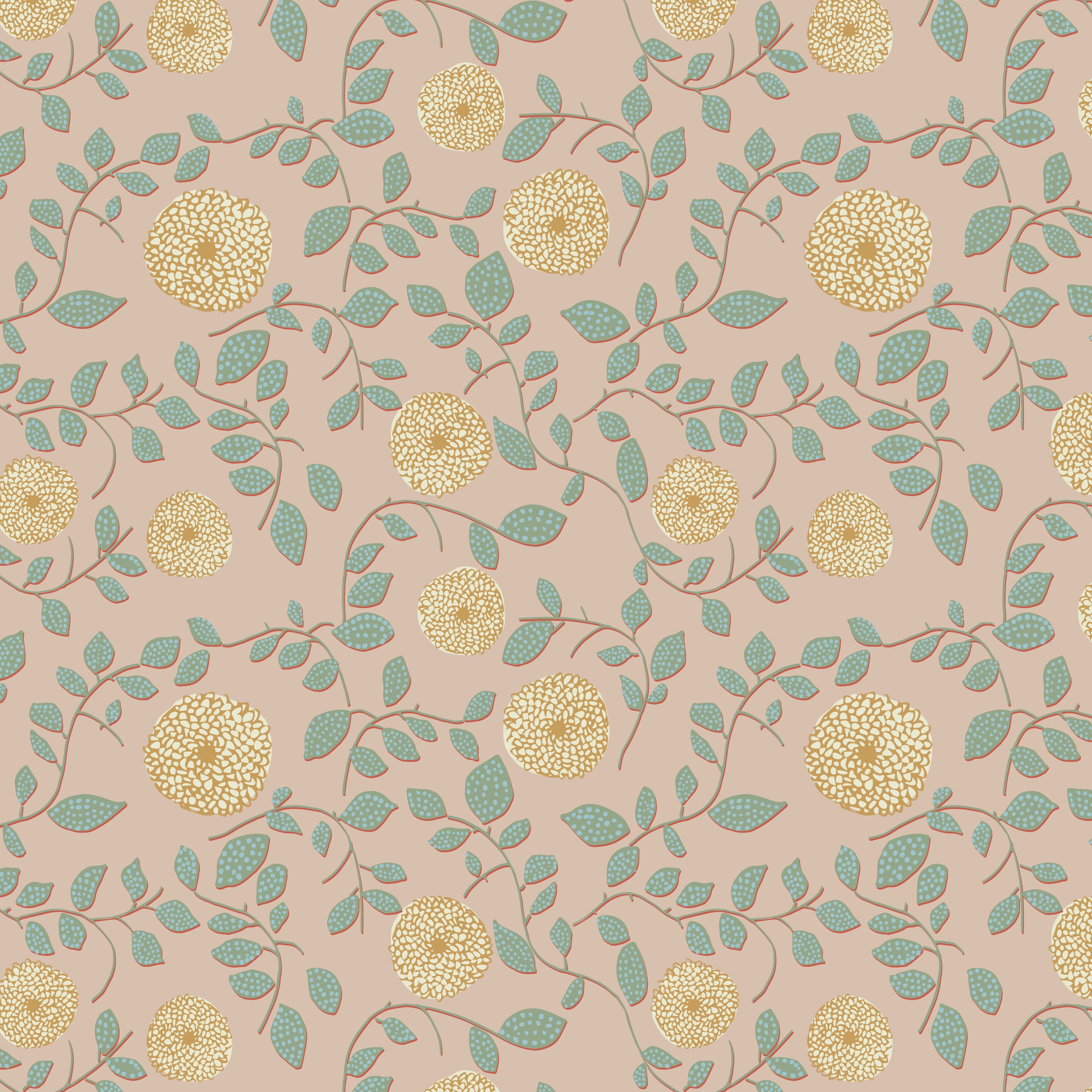 A roll of wallpaper with a floral pattern featuring peach and mustard colored flowers on a beige background.