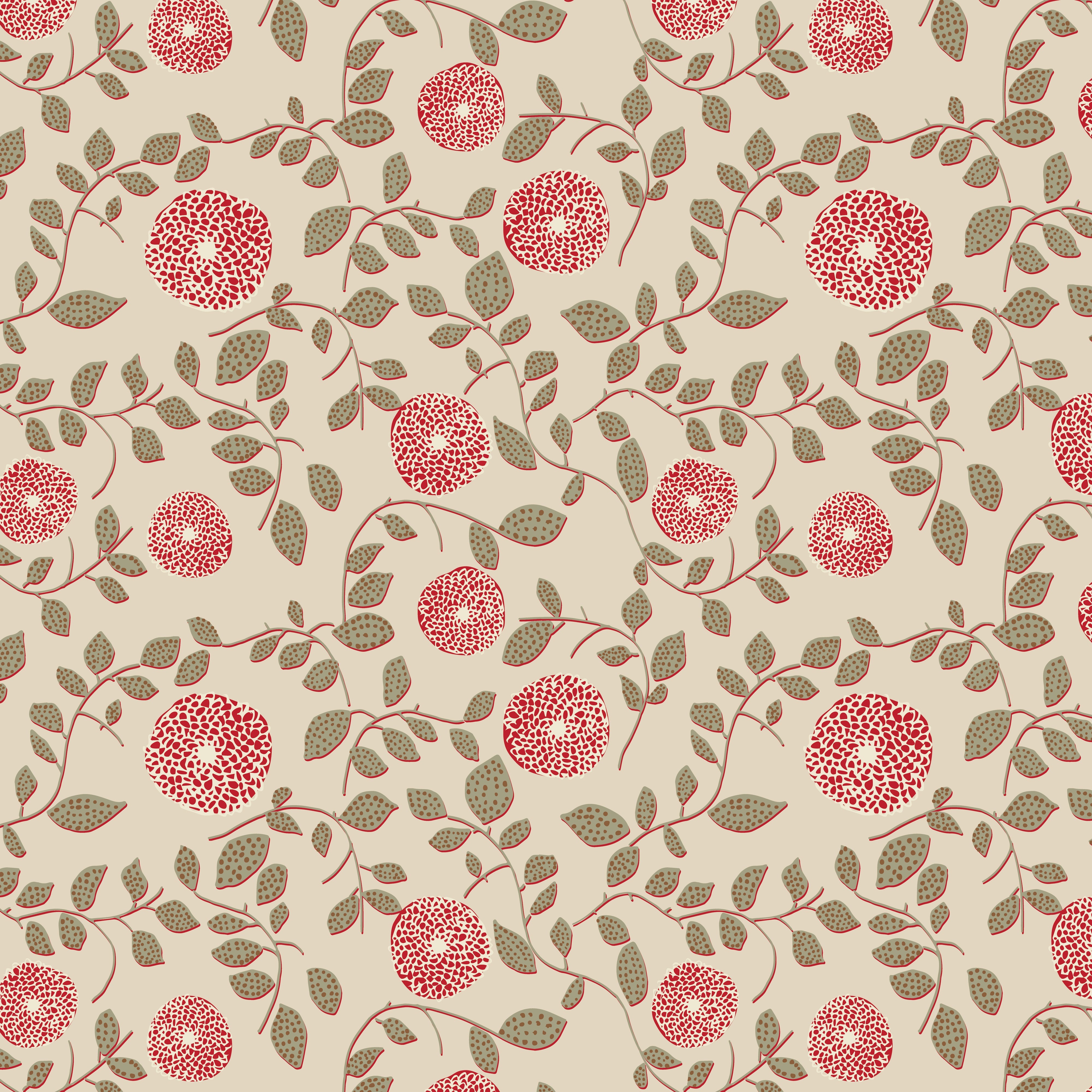 A section of wallpaper with a floral pattern featuring red and olive green colors on a beige background.