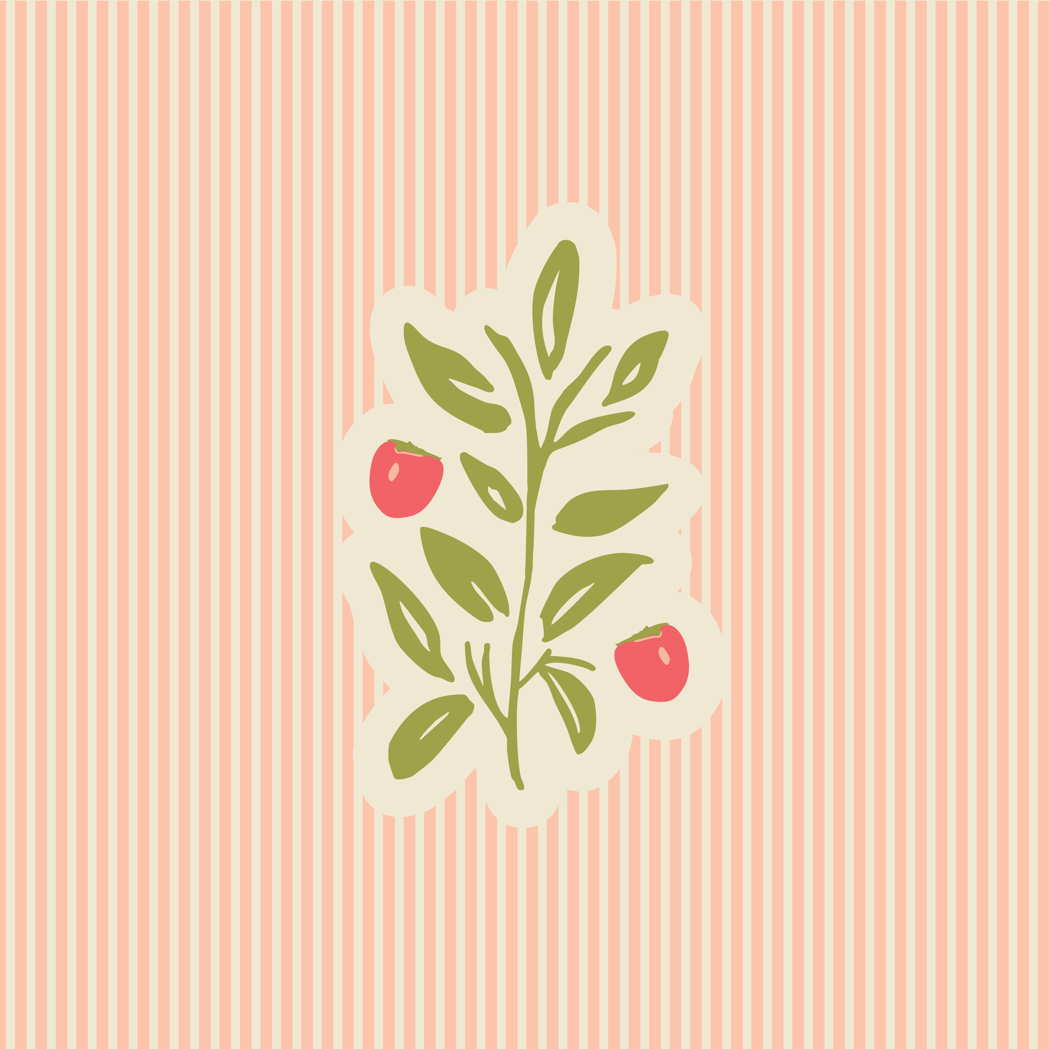 A wallpaper design featuring a plant with peach and pink leaves and berries on a striped peach background.