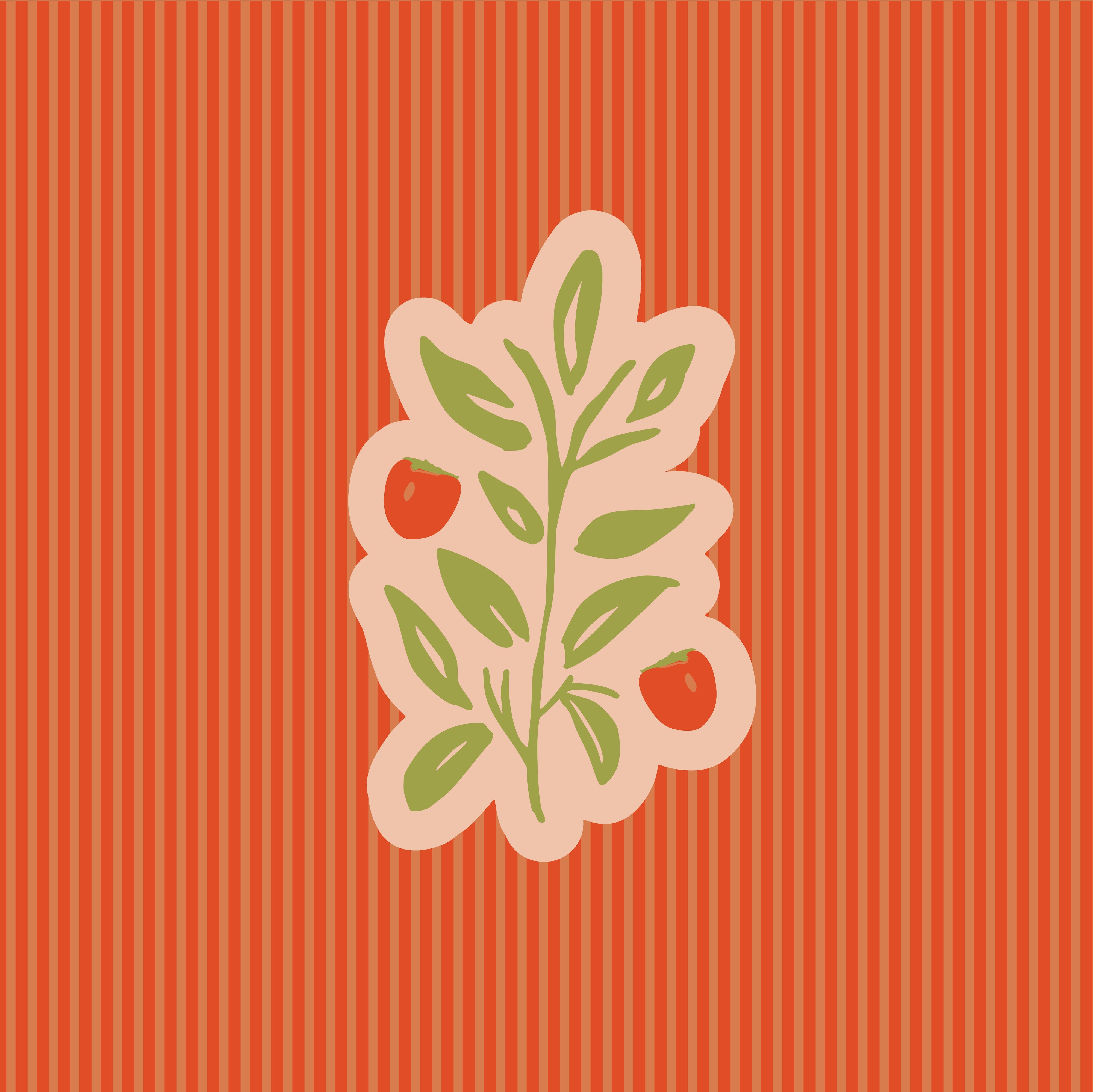 A yard of fabric with a tangerine orange background featuring a stylized leaf and fruit design.
