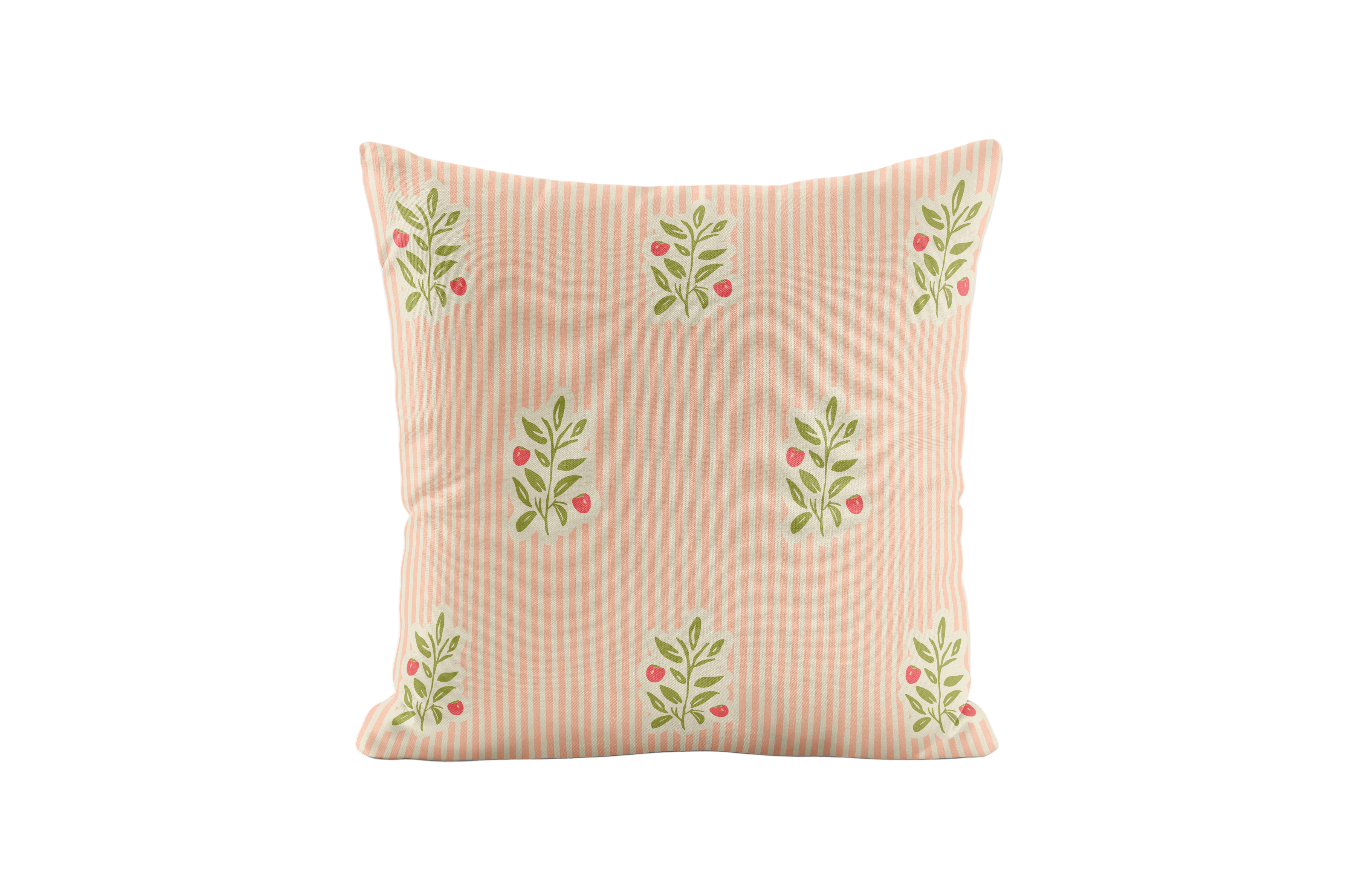 Decorative pillow with peach stripes and persimmon pattern on a white background