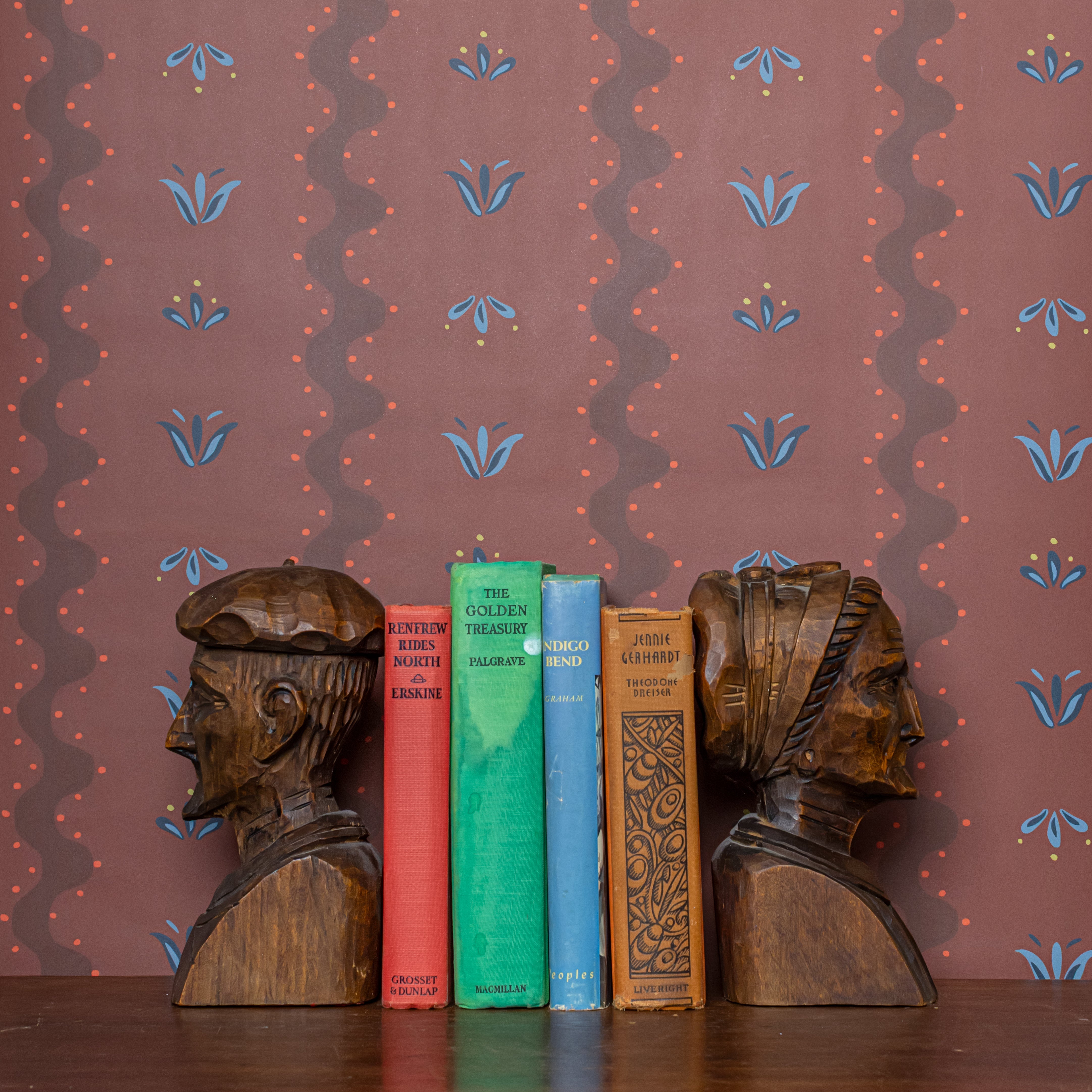 Striped floral wallpaper in red and blue