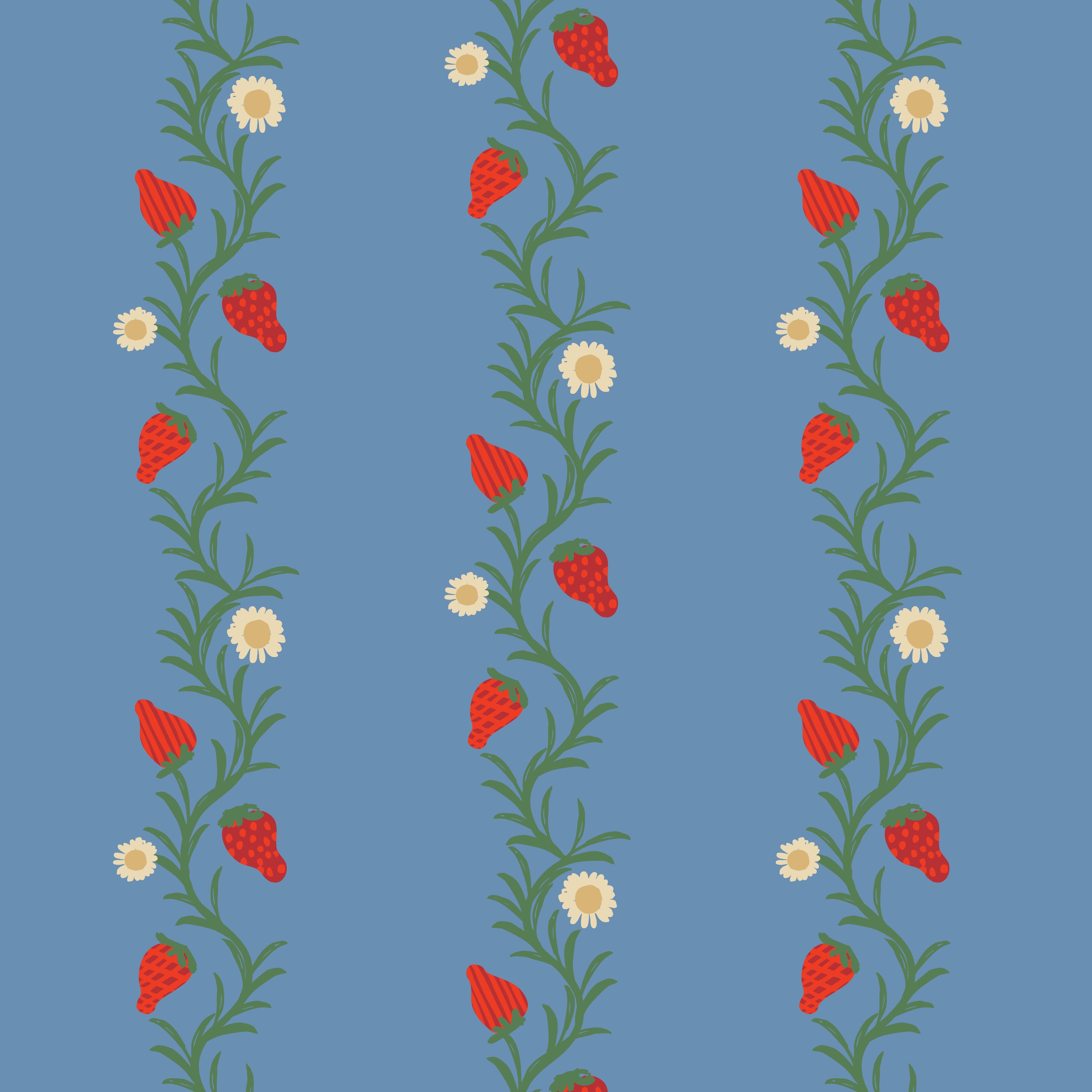 A roll of wallpaper featuring a repeating pattern with red strawberries and yellow flowers on a blue background.
