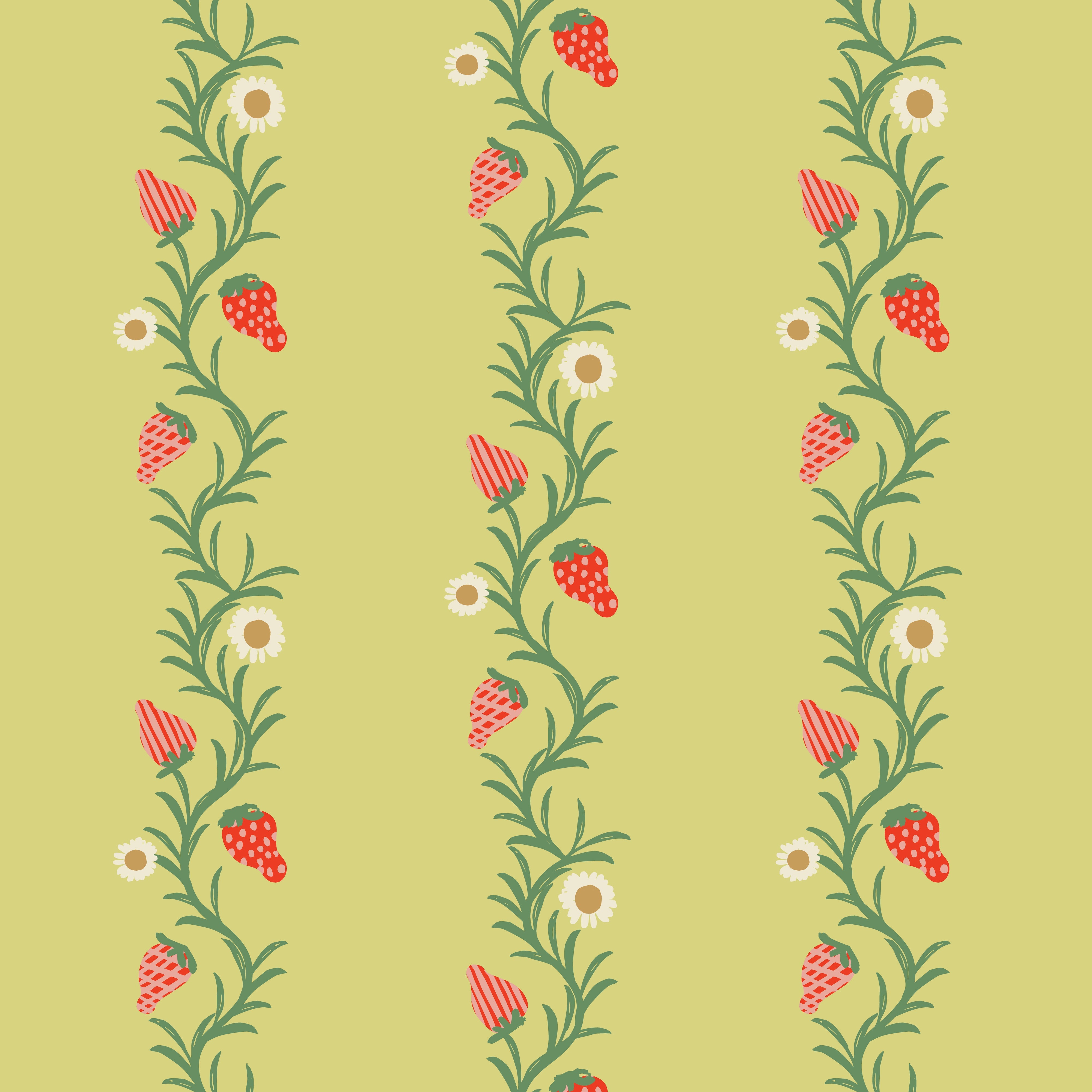 A roll of wallpaper with a repeating pattern of strawberries and green leaves on a chartreuse background.