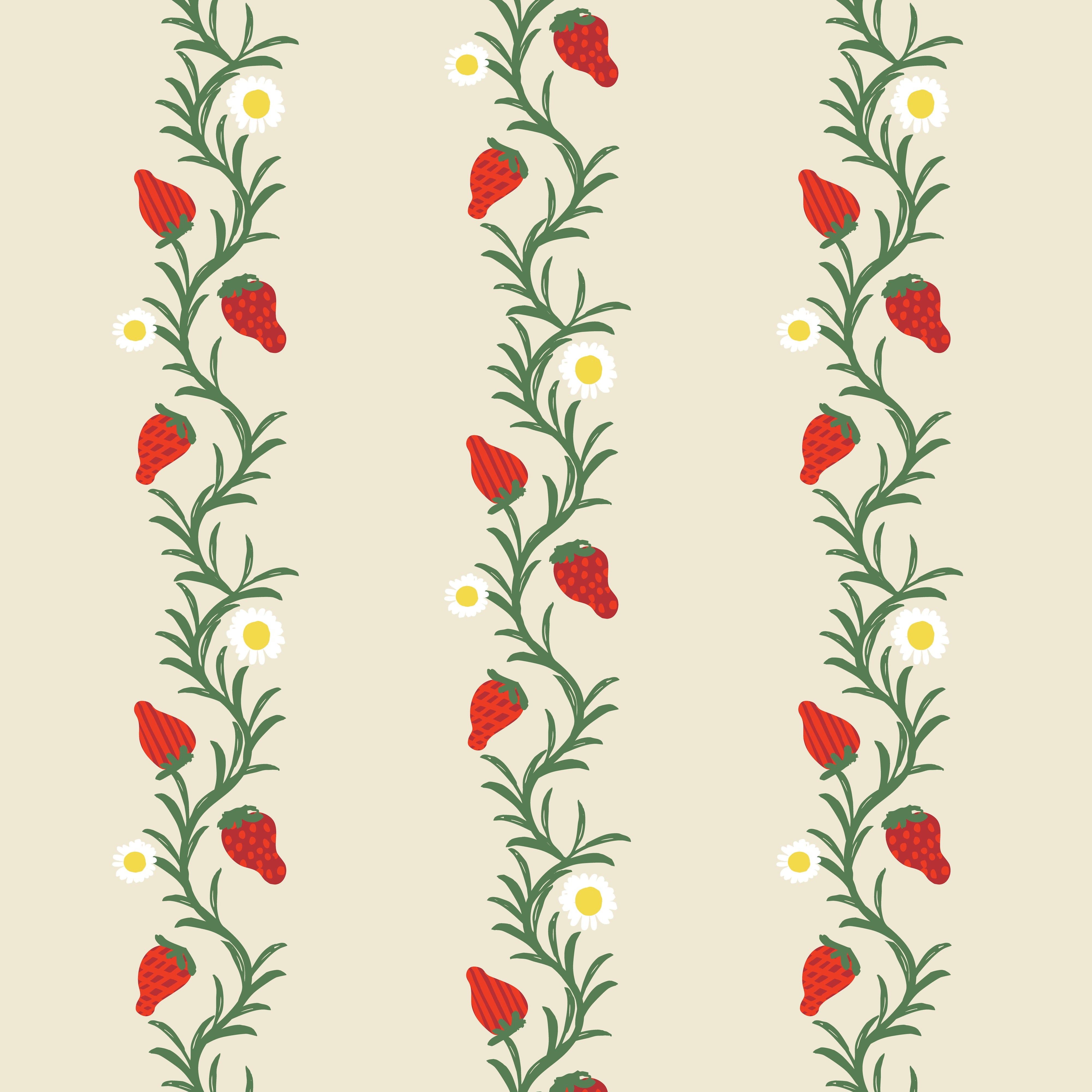 A roll of wallpaper with a repeating pattern of red strawberries and green leaves on an ivory background.
