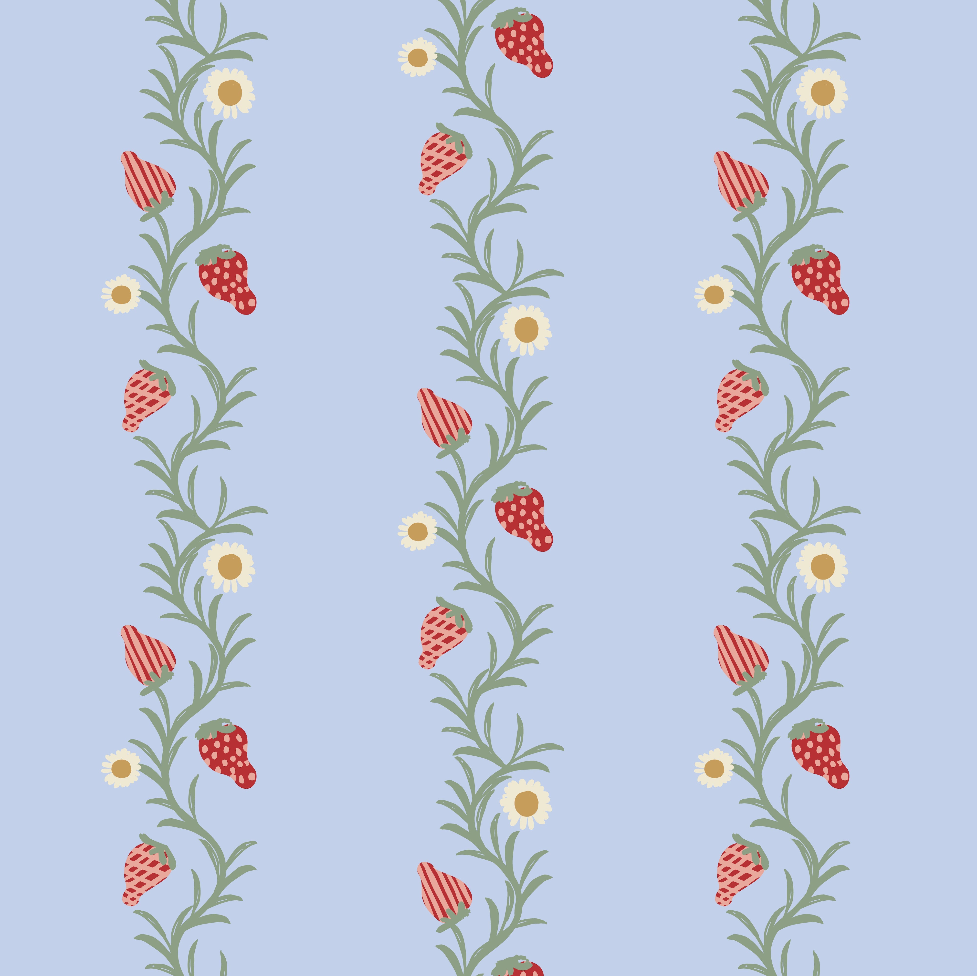 A roll of wallpaper with a floral pattern featuring strawberries and leaves on a periwinkle blue background.