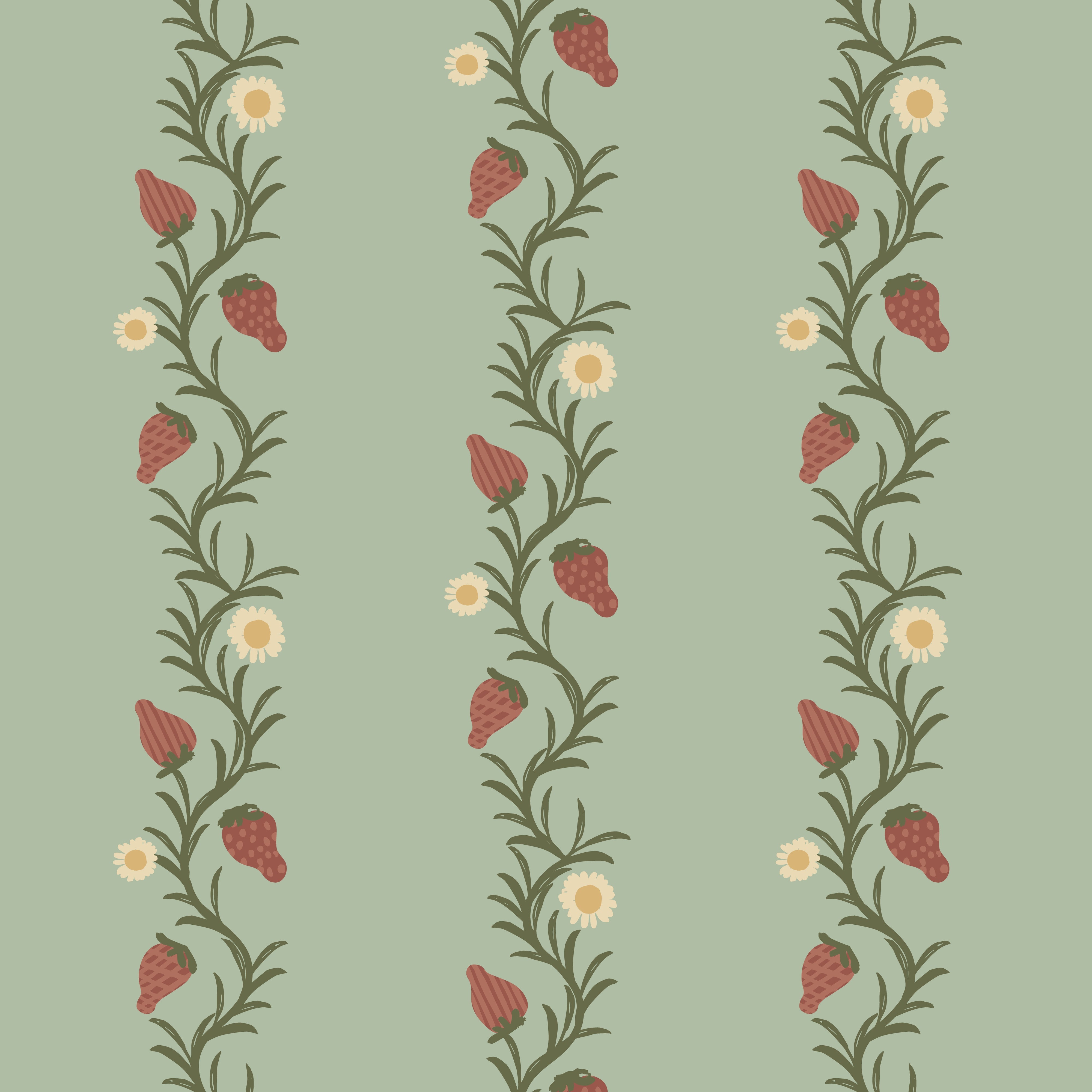 A roll of wallpaper with a botanical pattern featuring strawberries and floral designs in sage and cinnamon colors.