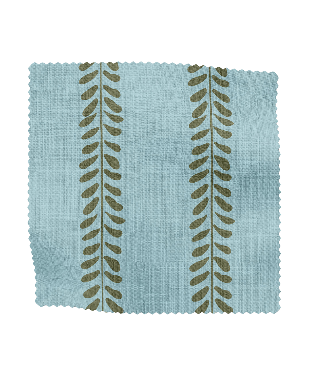 Fabric sample with leaf pattern on a light blue background