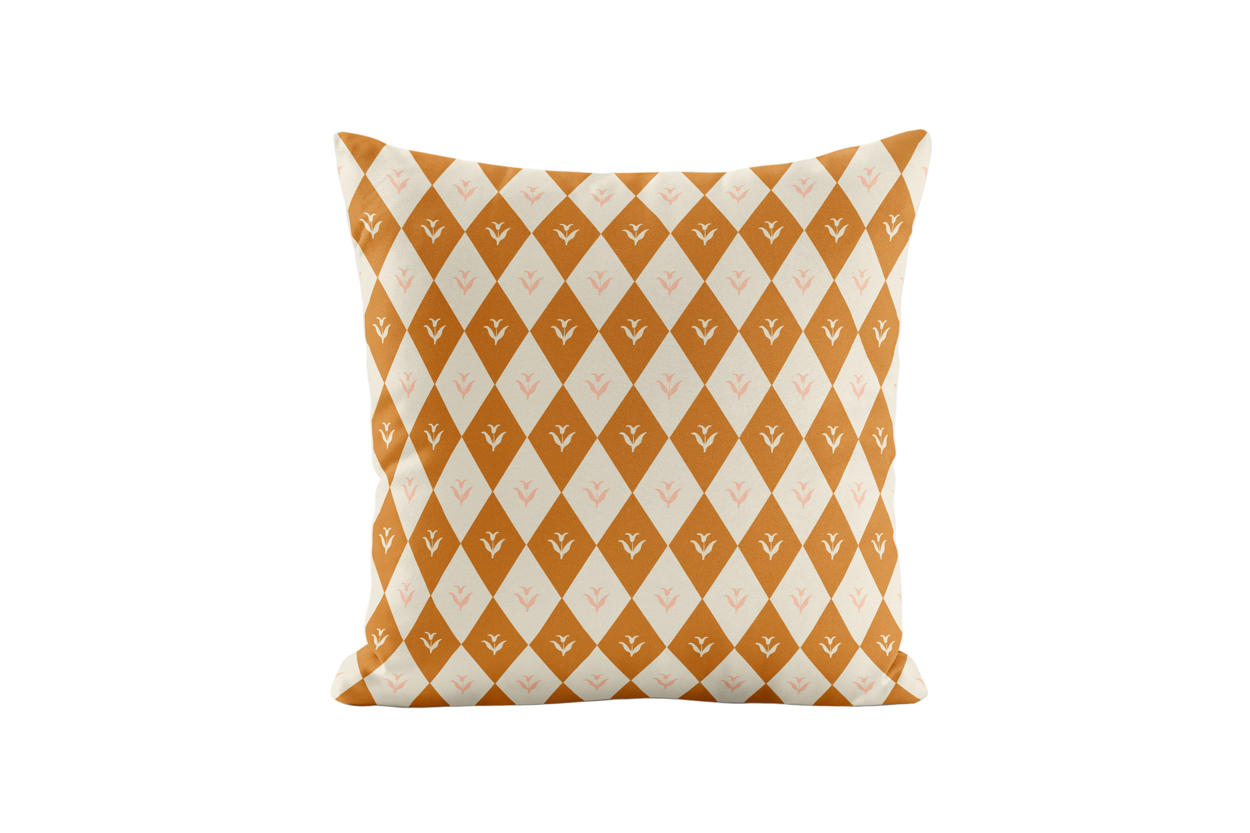 Decorative pillow with orange and white diamond pattern on a white background
