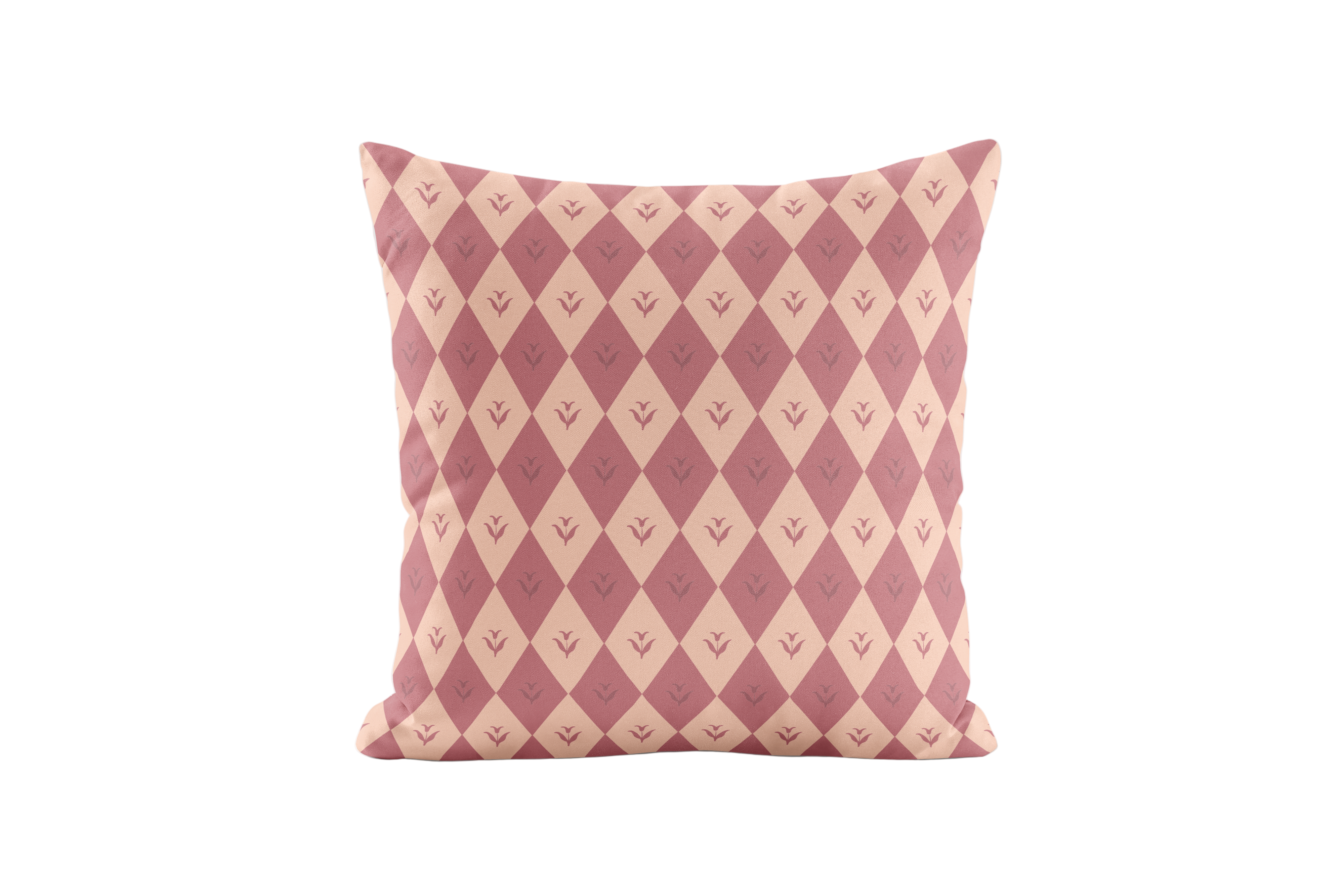 Decorative pillow with pink and beige diamond pattern on a white background