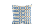 Decorative pillow with blue and brown geometric pattern on a white background