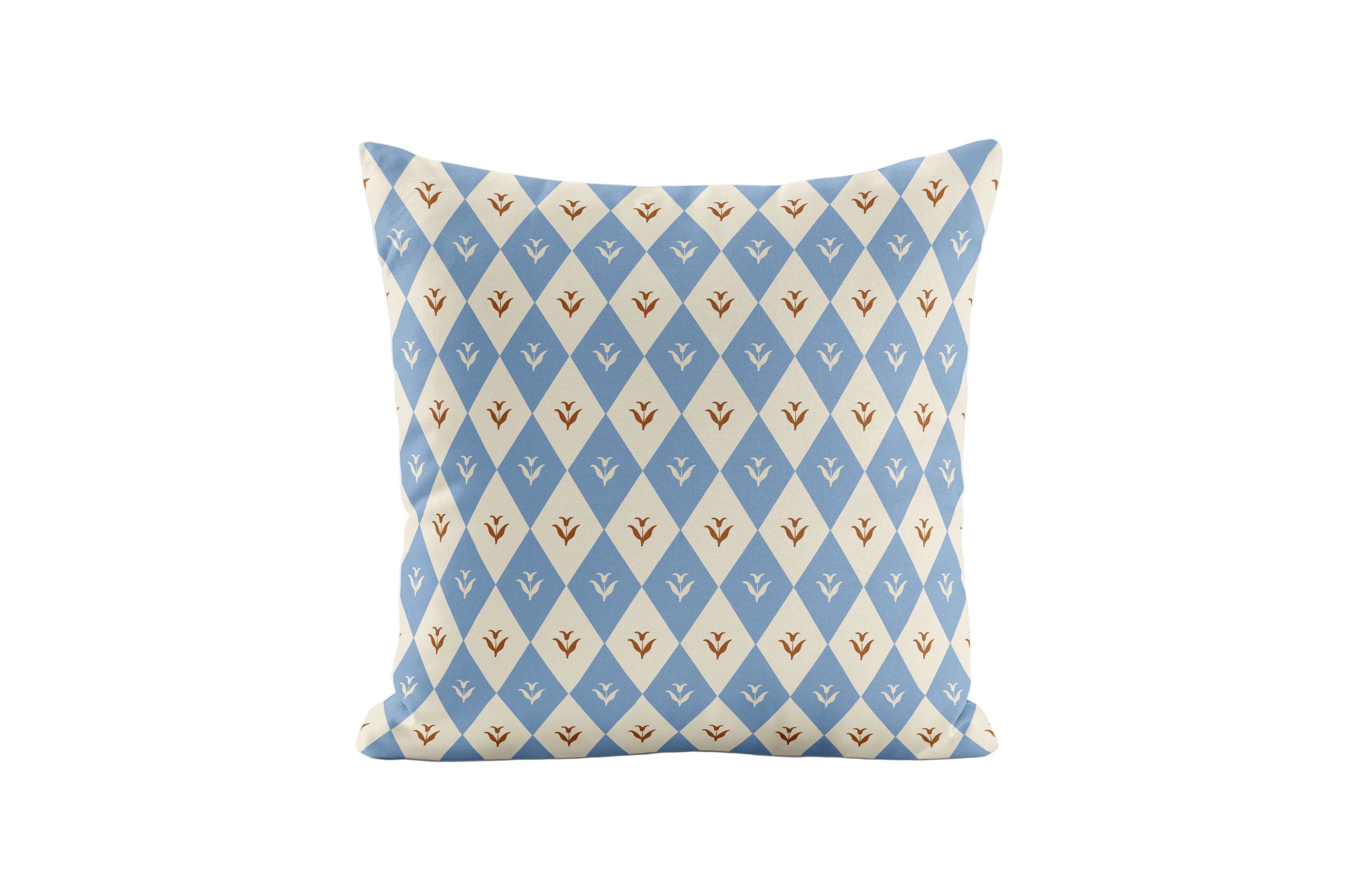 Decorative pillow with blue and brown geometric pattern on a white background